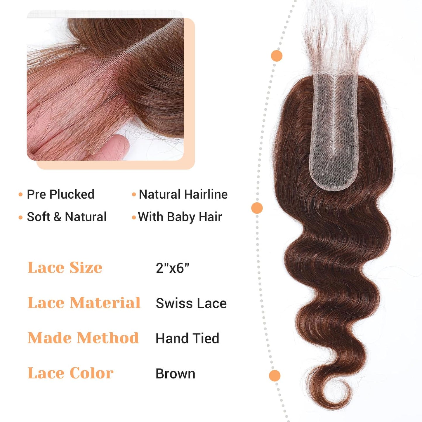 2x6 HD Lace Closure 4# Brown Body Wave Transparent 2 by 6 HD Lace Closure 14 Inch 100% Brazilian Virgin Unprocessed Middle Part Human Hair Closure