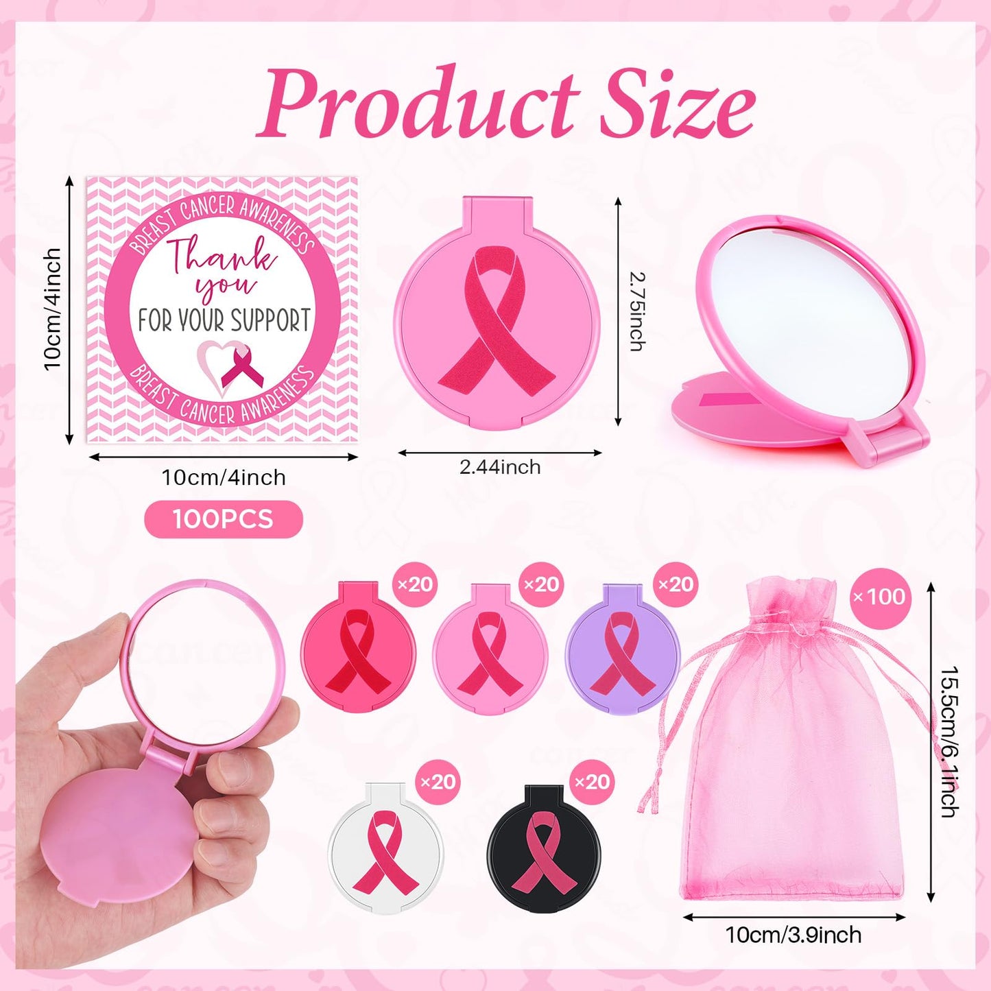 clothmile 100 Sets Breast Cancer Awareness Gifts Include 50 Pink Ribbon Mini Folding Makeup Mirrors 50 Pink Cards 50 OPP Bags for Girls Women Survivor Party Favors Supplies