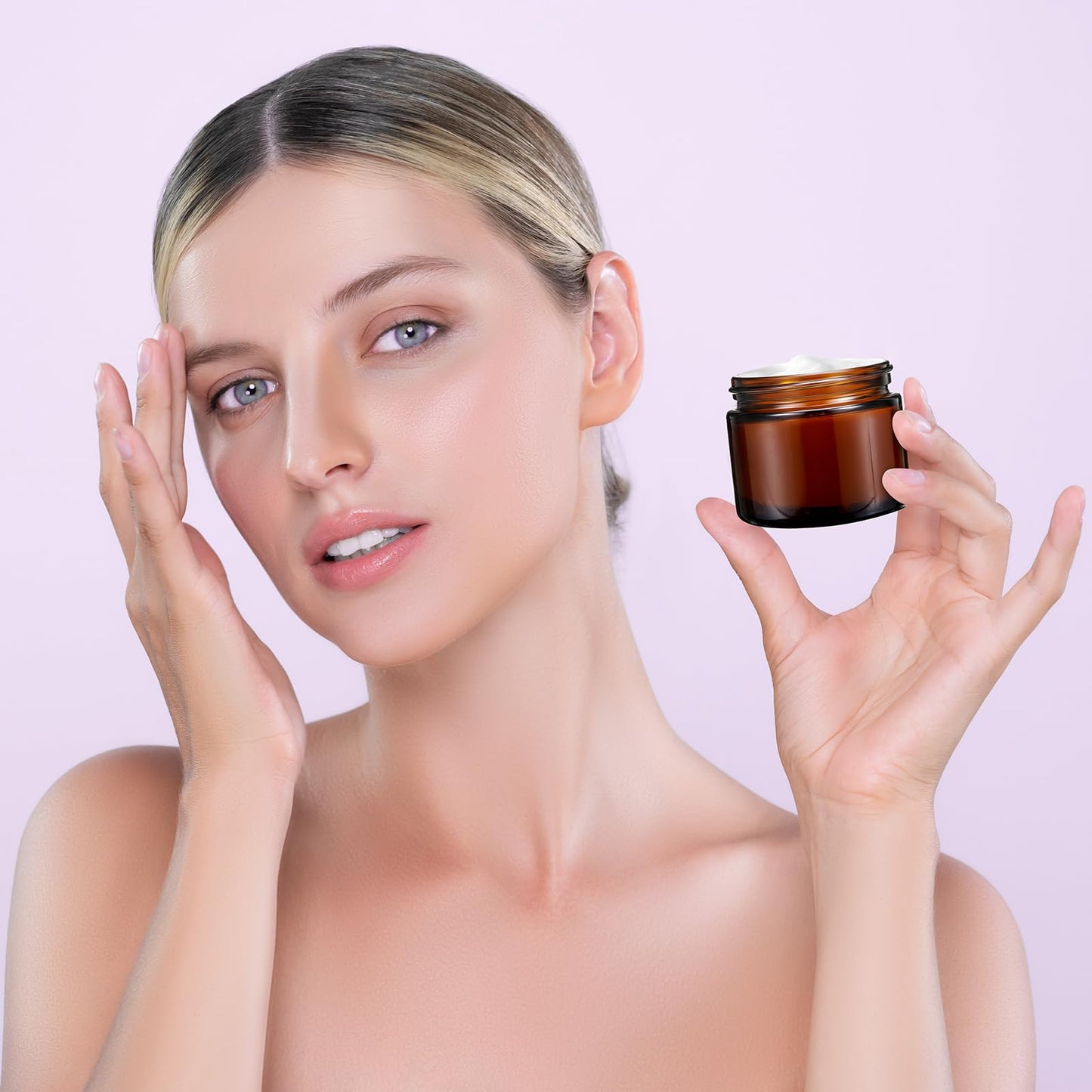 Domensi 32 Pcs 2 oz Glass Jars with Lids Small Glass Jars with Lids Round Leakproof Airtight Empty Cosmetic Travel Containers with Inner Liners Lid for Makeup Lotions Cream Ointments (Amber)