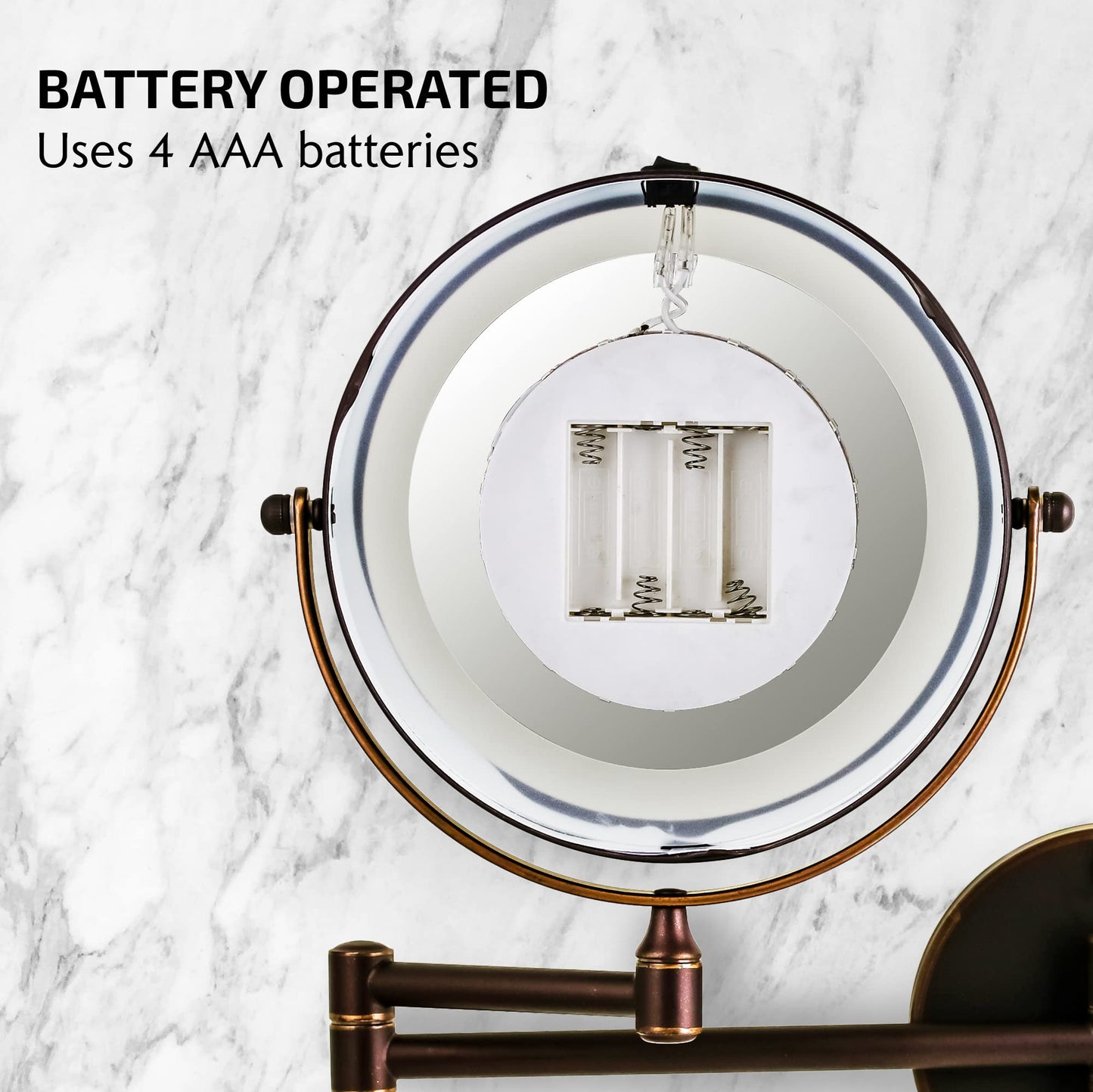 OVENTE Wall Mounted Lighted Makeup Mirror, 7" Double Sided 1X/7X Magnifying Vanity Mirror for Bathroom with LED Lights, Cordless, 360° Rotation and 13" Extendable Arm, Antique Bronze MFW70ABZ1X7X