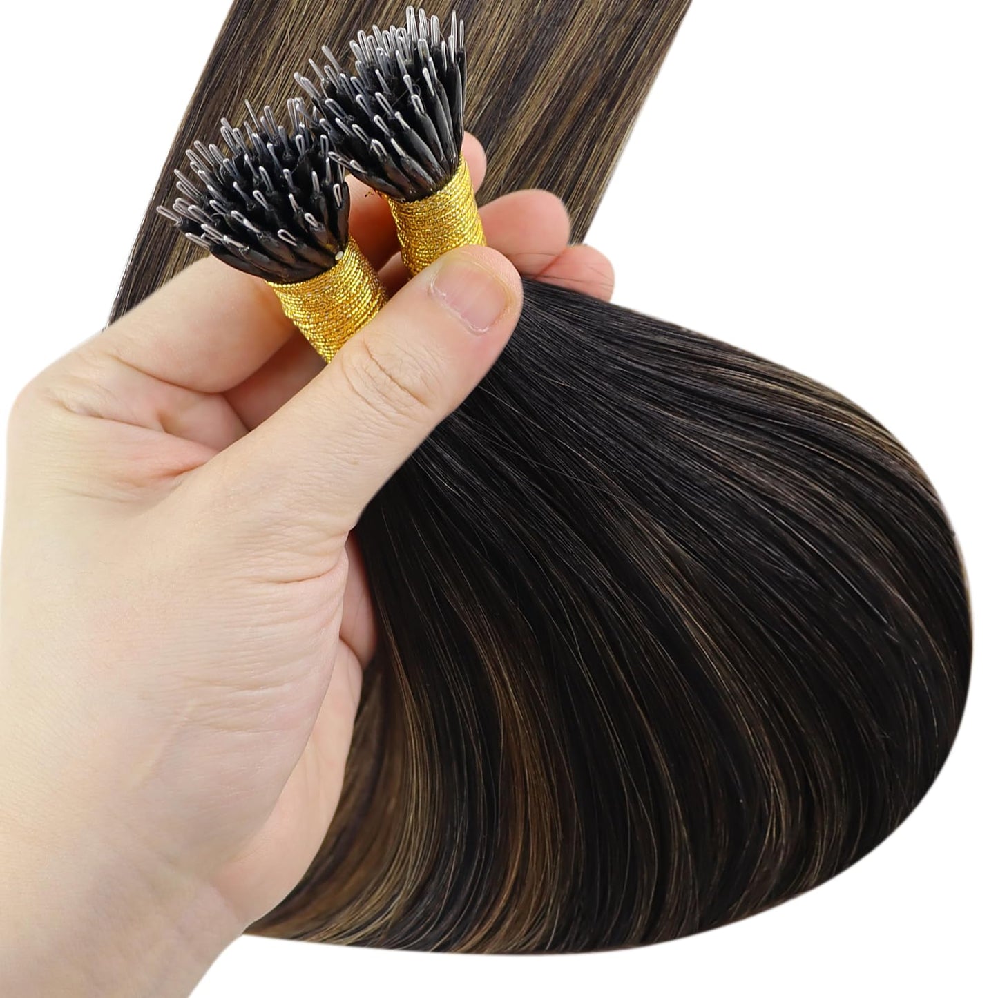 YoungSee Nano Tip Hair Extensions Real Human Hair Balayage Brown 22in Nano Ring Hair Extensions Human Hair Balayage Dark Brown Mix Medium Brown 50g 50 Strands Nano-Beads Extension for Natural Looking