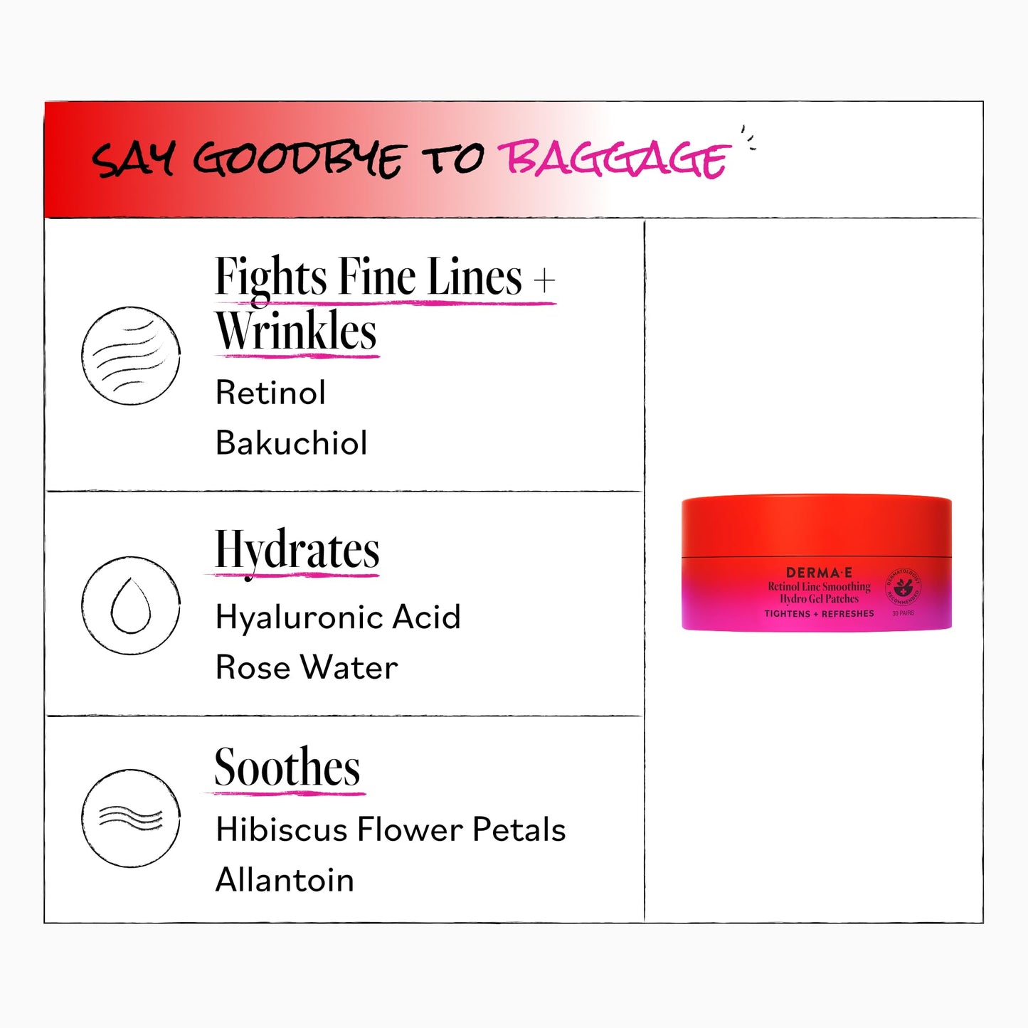 Derma E Retinol + Bakuchiol Under Eye Patches (30 Pairs) Non-Irritating, Line Smoothing Hydro Gel Eye Patches with Rose Water & Real Hibiscus Petals, Helps Reduce Fine Lines, Crow's Feet, 60ct