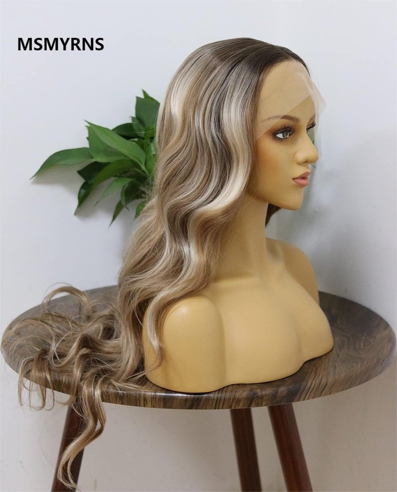 MSMYRNS Synthetic Wig HD Lace Front Wig For Women Girls Platinum Blonde Highlights Brown Loose Wavy Curly Heat Resistant Long Wig Ombre Colorful Wig Hair Replacement Unit (Light Brown Roots Version)