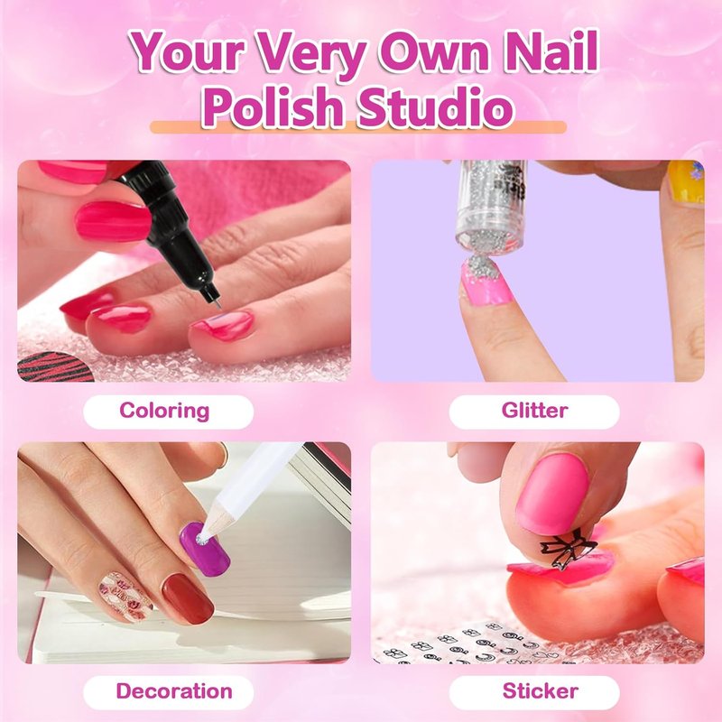 Nail Art Pen Set for Kids - 8 Non-Toxic Glitter Polishes & Doodle Tips | Creative Nail Kit for Girls Ages 7-12