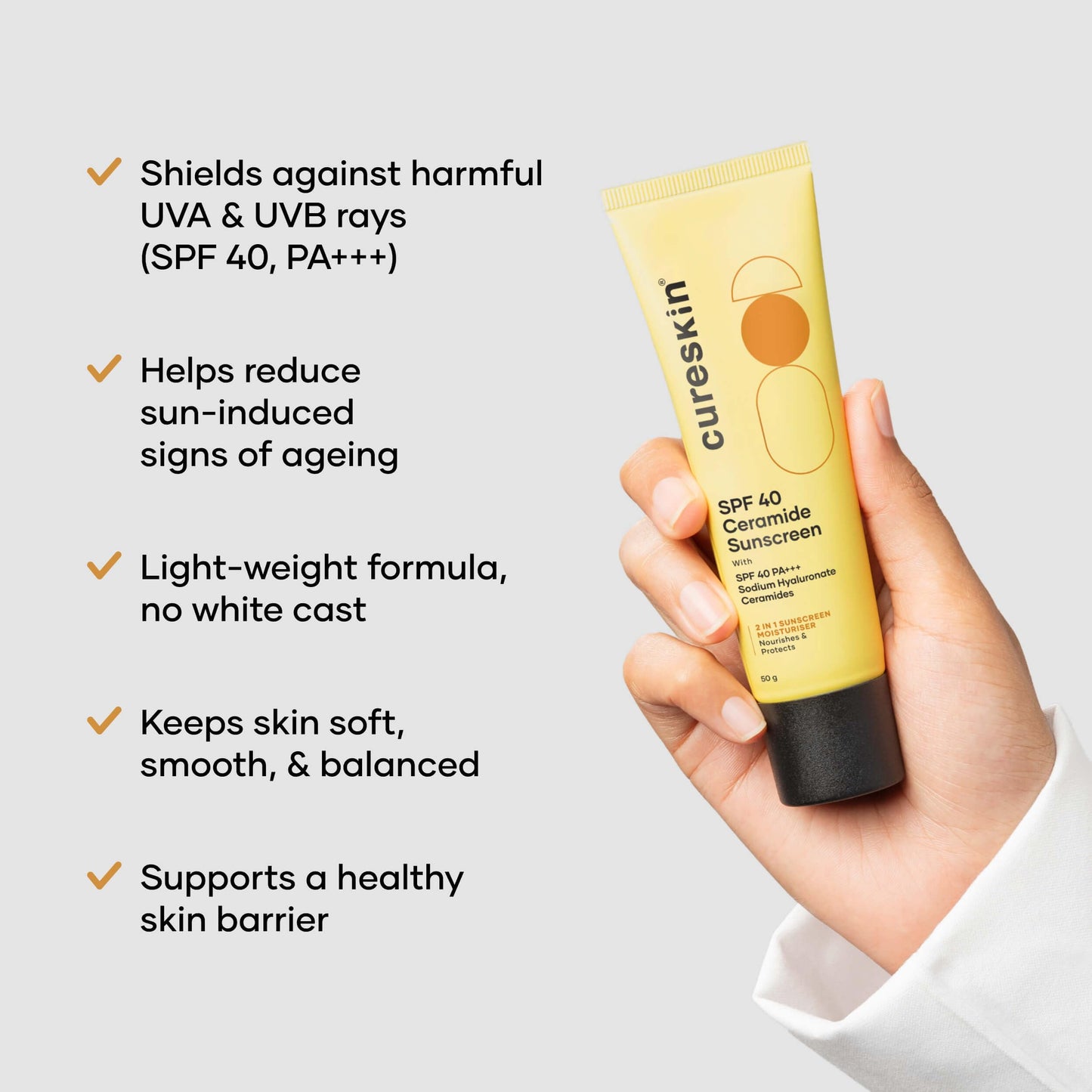 Cureskin SPF 40 Ceramide Sunscreen with Hyaluronic Acid & Ceramides | 2-in-1 Sunscreen Moisturizer, Broad Spectrum, SPF 40 & PA+++, 1.76 Ounce (Pack of 1)