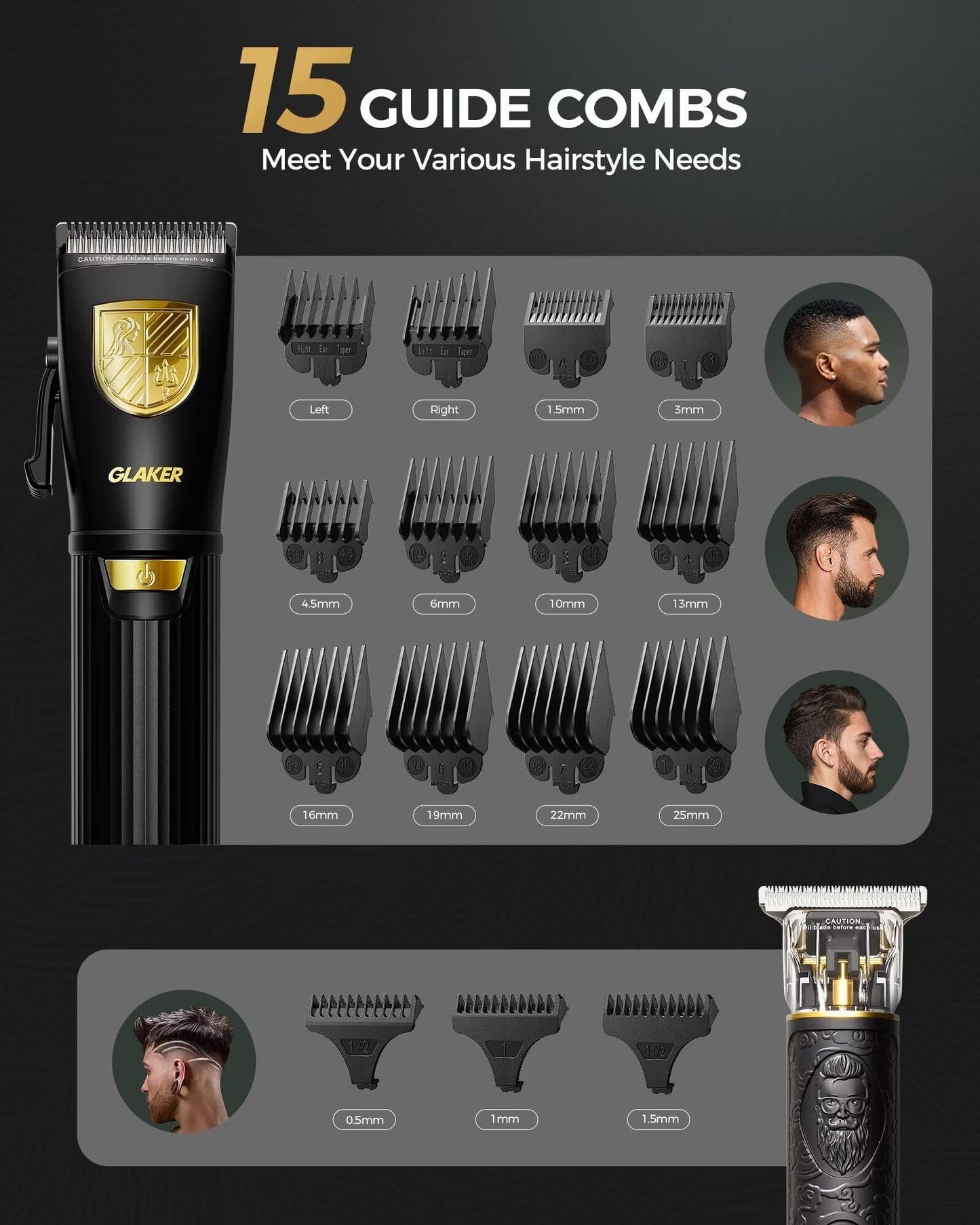 GLAKER Hair Clippers for Men,Professional Mens Hair Clippers Cordless Clippers for Hair Cutting,Precision Trimmer Kit Zero Gap Trimmer with LED Display 15 Guide Combs (Gold)