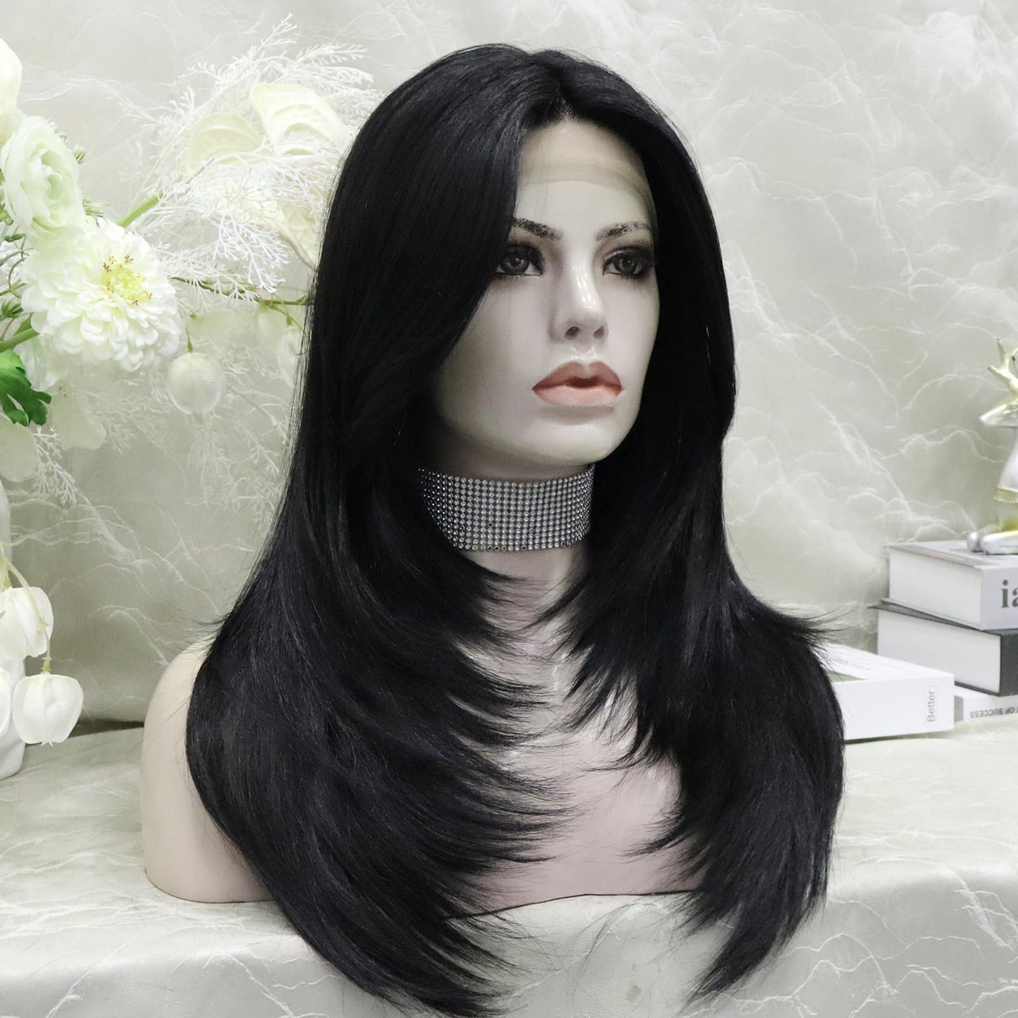 IMSTYLE Jet Black Lace Front Wig: T Part Synthetic Wig, Wolf Cut/Layer Cut Straight Hair Wig 24 Inches Wig