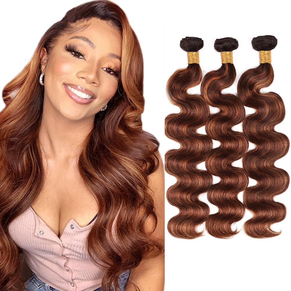 P4/30 Human Hair Bundles Highlight Brown Bundles Human Hair Chocolate Brown Body Wave Bundle 12 14 16 Inch Double Weft Unprocessed Brazilian Remy Hair Extensions 3Pcs/Set Deals