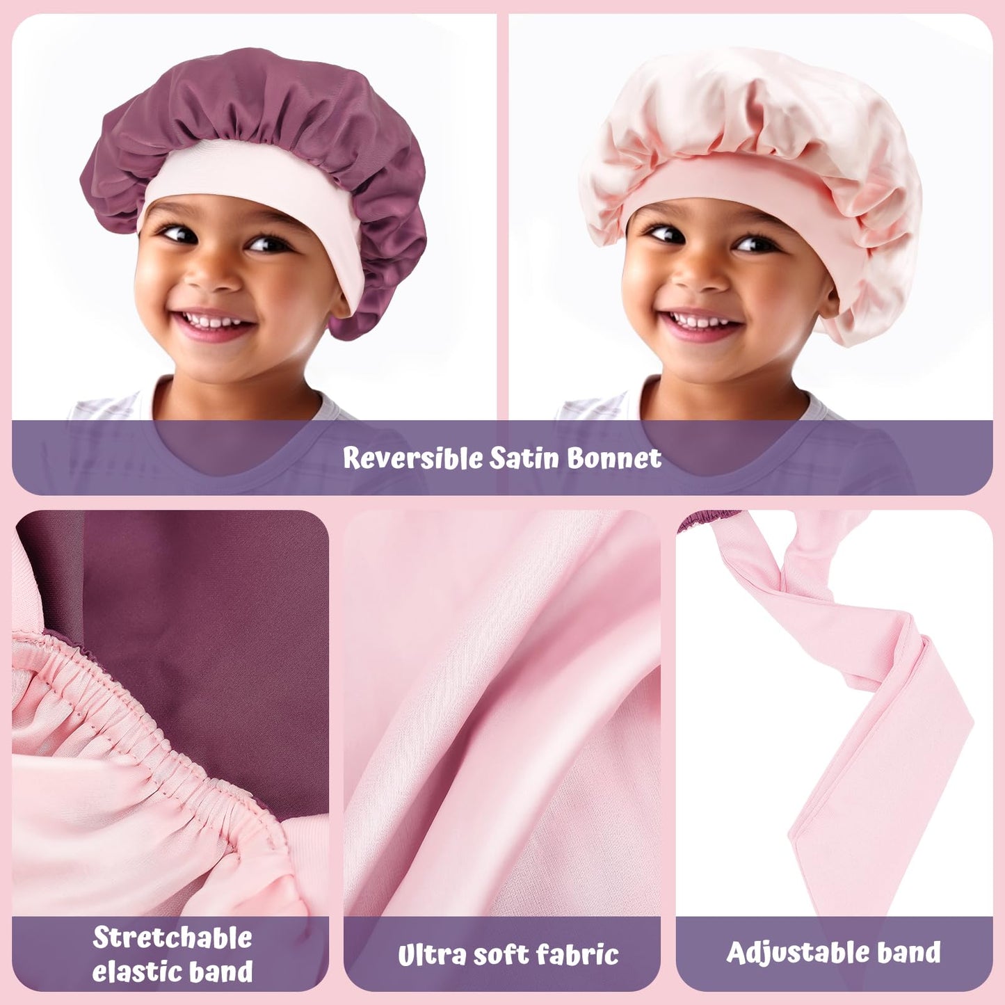 Lolalet 2 PCS Kids Bonnets for Girls, Reversible Silk Bonnet for Sleeping Satin Bonnet Cap with Wide Elastic Band -Violet & Champagne