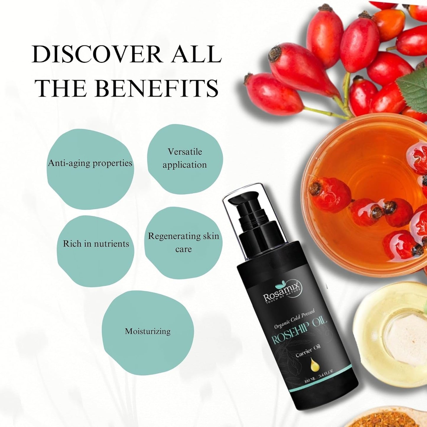 Cold Pressed Rosehip Oil - 100% Pure Natural Moisturizer for Face, Hair & Skin | 100ml