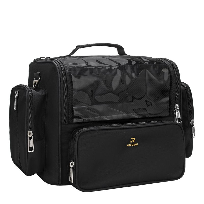 Makeup Brush Bag, Clear Makeup Brush Holder with Lid, Extra Large Capacity Travel Cosmetic Bag Makeup Artist Must Haves, Black Makeup Case, Make Up Organizers and Storage, with Adjustable Dividers
