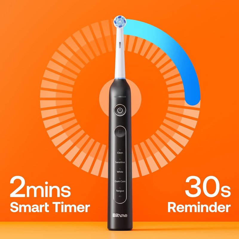 Bitvae R2 Rotating Electric Toothbrush - 8 Brush Heads, 5 Modes, Rechargeable | Black, Travel Case Included
