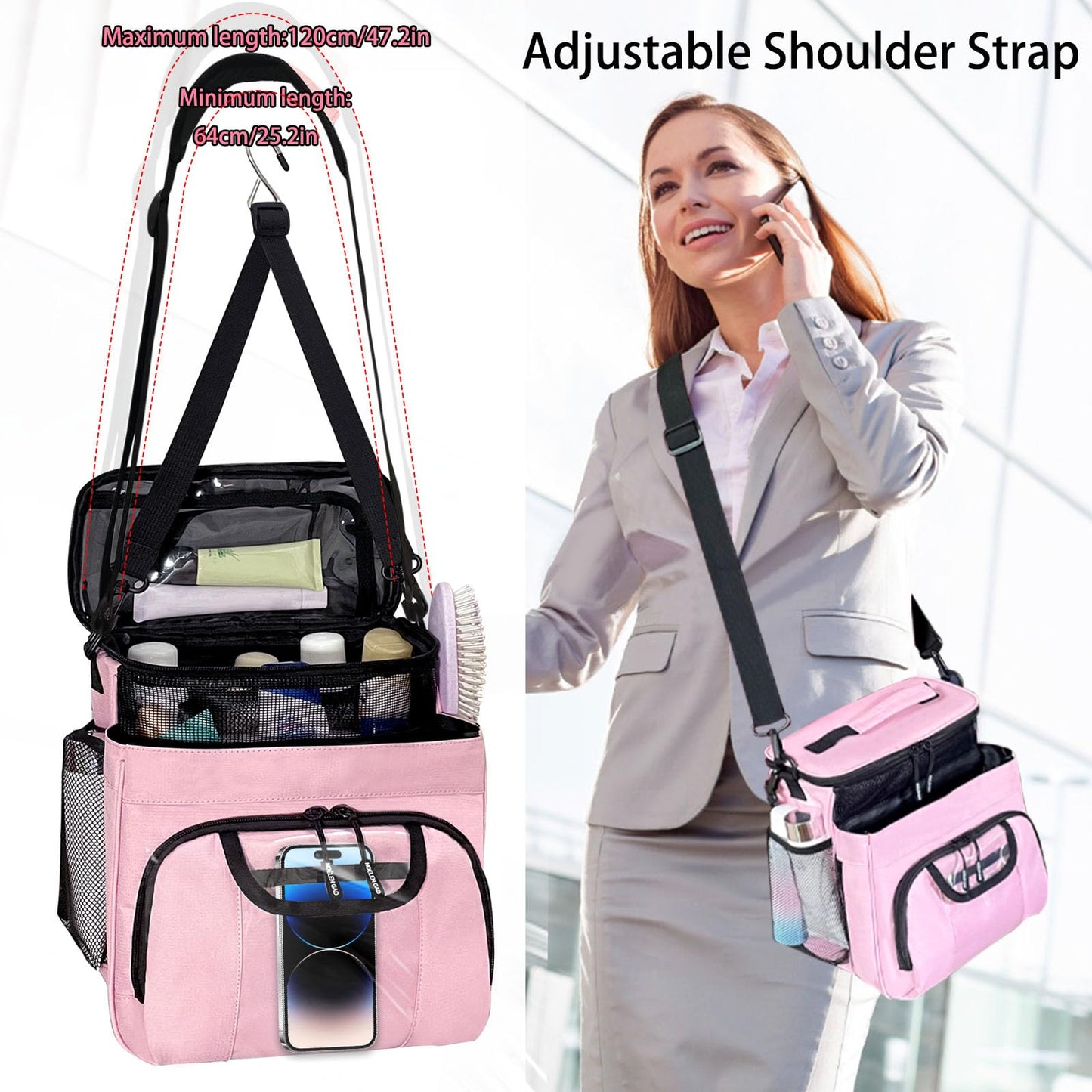 Large Toiletry Bag for Women Men, Bathroom Bag, Water Resistant Portable Shower Caddy for College Dorm, Hanging Toiletry Bags for Traveling, Gym Camping Cruise Ship Travel Essentials Shower Bag (Pink)