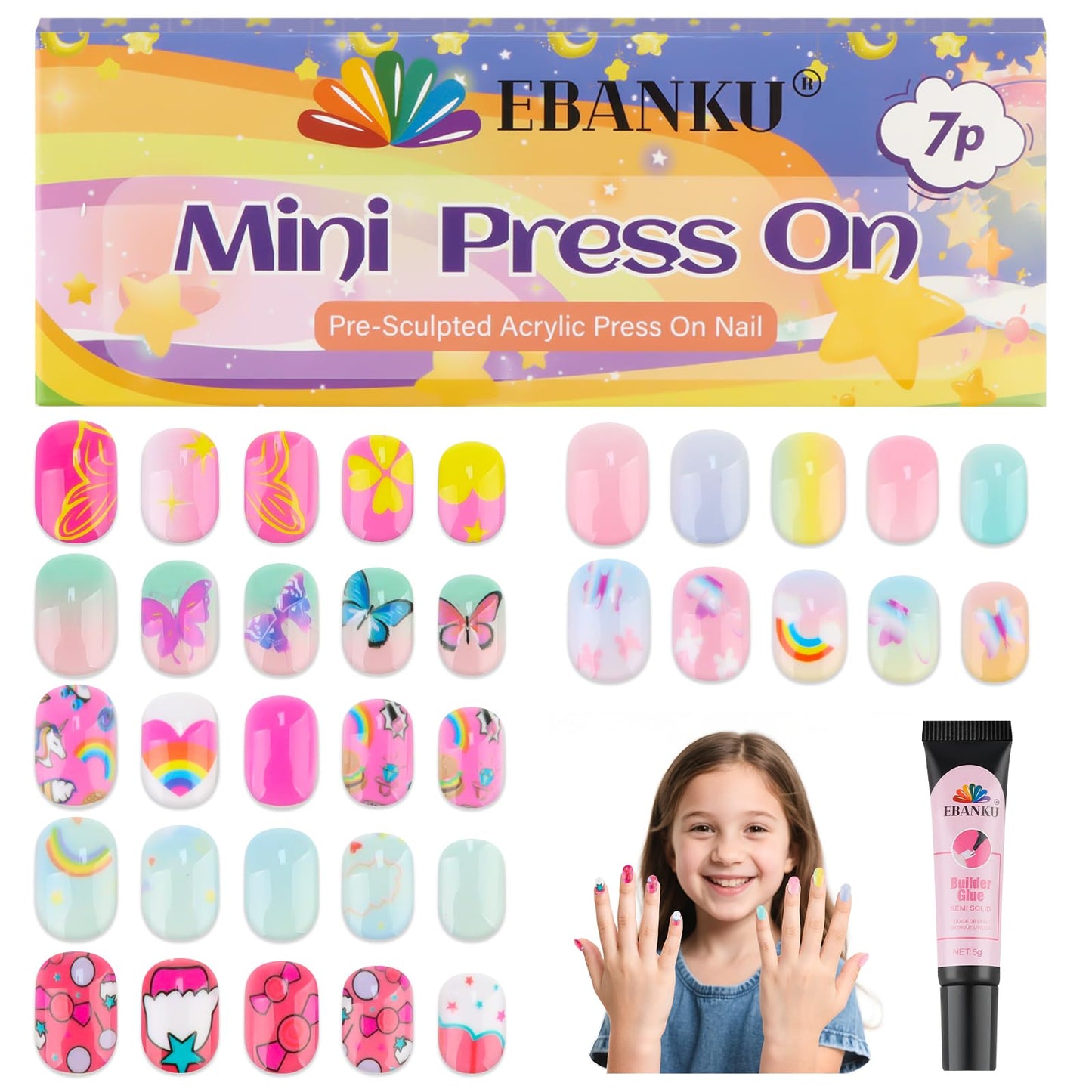 168 Pieces Press on Nails for Girls, EBANKU Short Candy Rainbow Butterfly Fake Nails Kids 6-12 Years Stick On False Nails Kit with Nail Glue, Full Cover Nails Tip Kit for Children Nail DIY