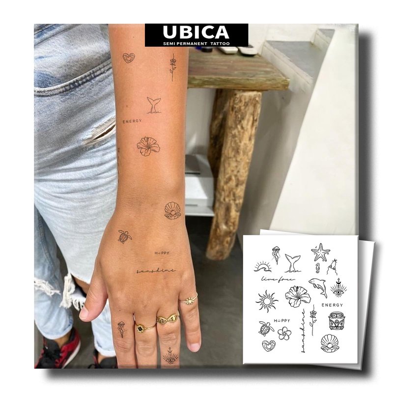 UBICA Semi Permanent Tattoo, Tropical Tiny Temporary Tattoo Designs(Shells, Starfish, Turtles, Dolphin, Hibiscus), Waterproof & Non-Reflective, Lasts 1–2 Week, for Vacation, Party, Festival