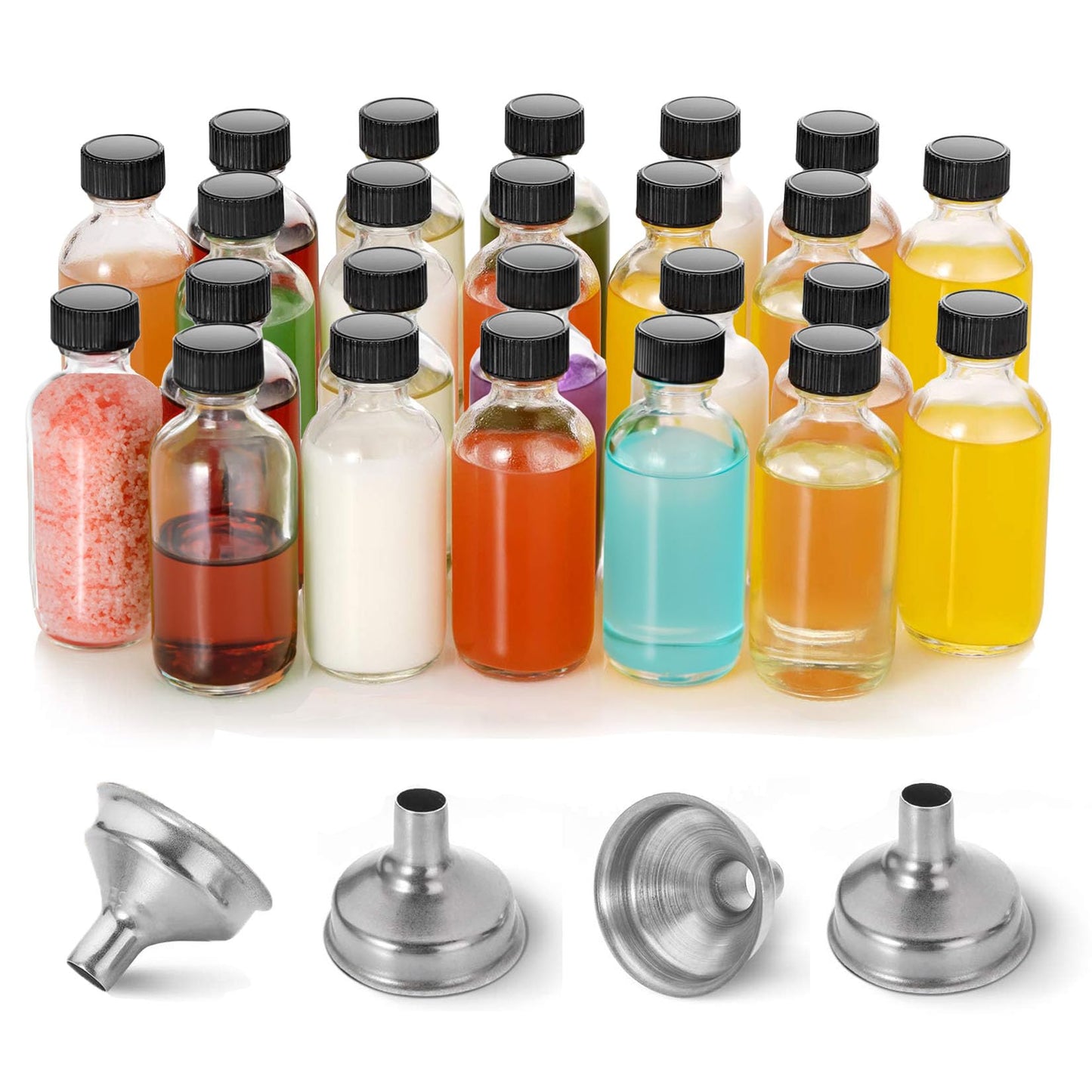 DIDITIME 24 Pack 2 oz Small Clear Glass Bottles with Lids & 4 Funnels - 60ml Boston Round Sample Bottles for Potion, Juice, Ginger Shots, Oils, Whiskey, Wellness Shots, Mini Travel Bottles