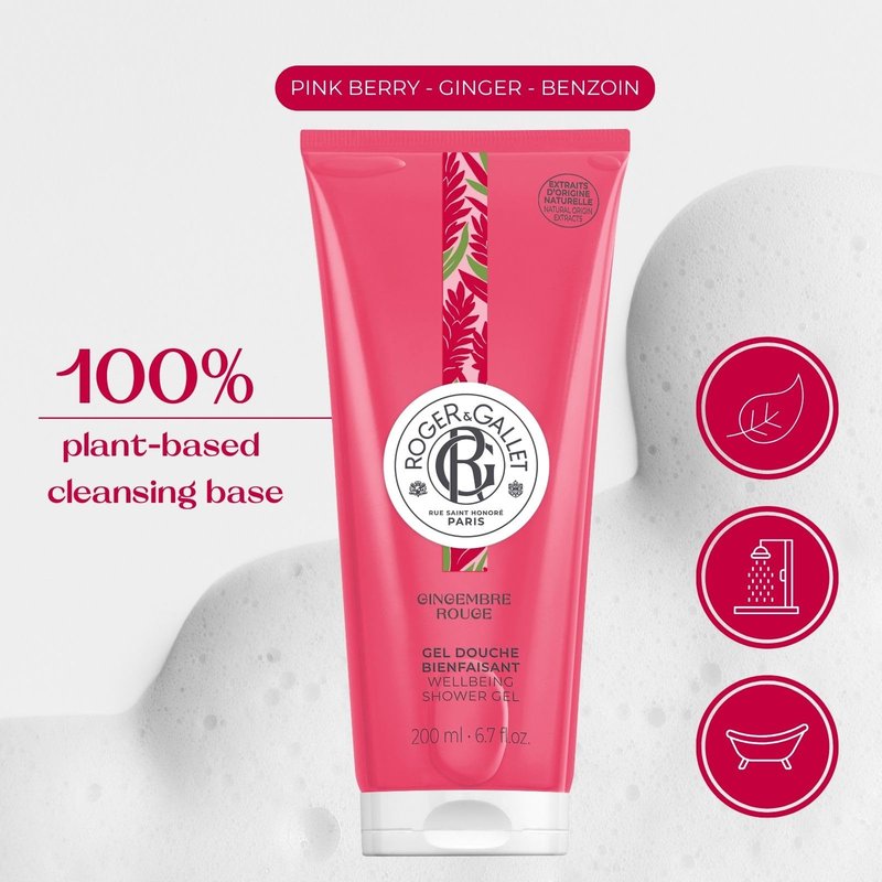 ROGER & GALLET Wellbeing Shower Gel – Plant-Based Hydrating Body Wash with Aloe Vera, Gentle Foaming Cleanser for Soft Skin (Gingembre Rouge - Red Ginger | 6.7 Oz)