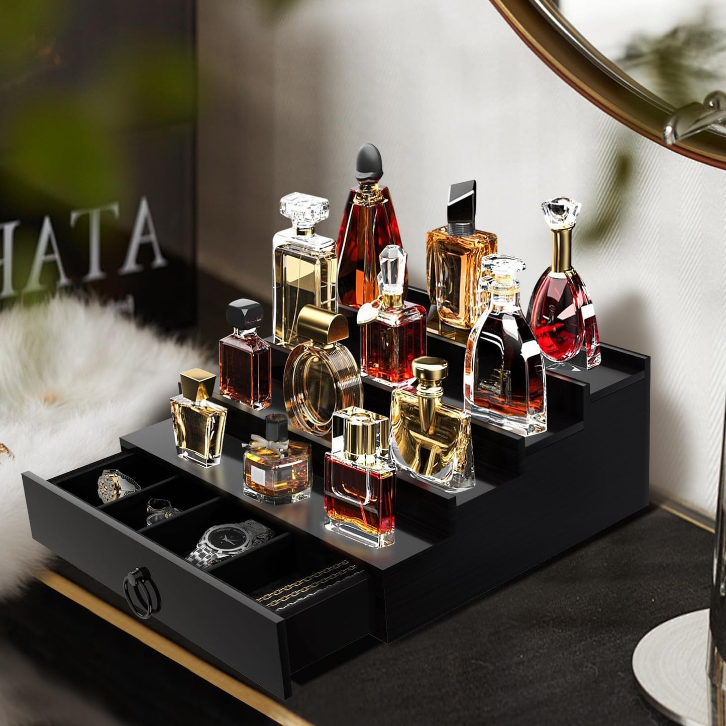 KISENG Cologne Organizer for Men, 4 Tier Cologne Stand with Drawer, Perfume Holder with Hidden Compartment, Fragrance Stand Shelf A Great Gift for Man, Black