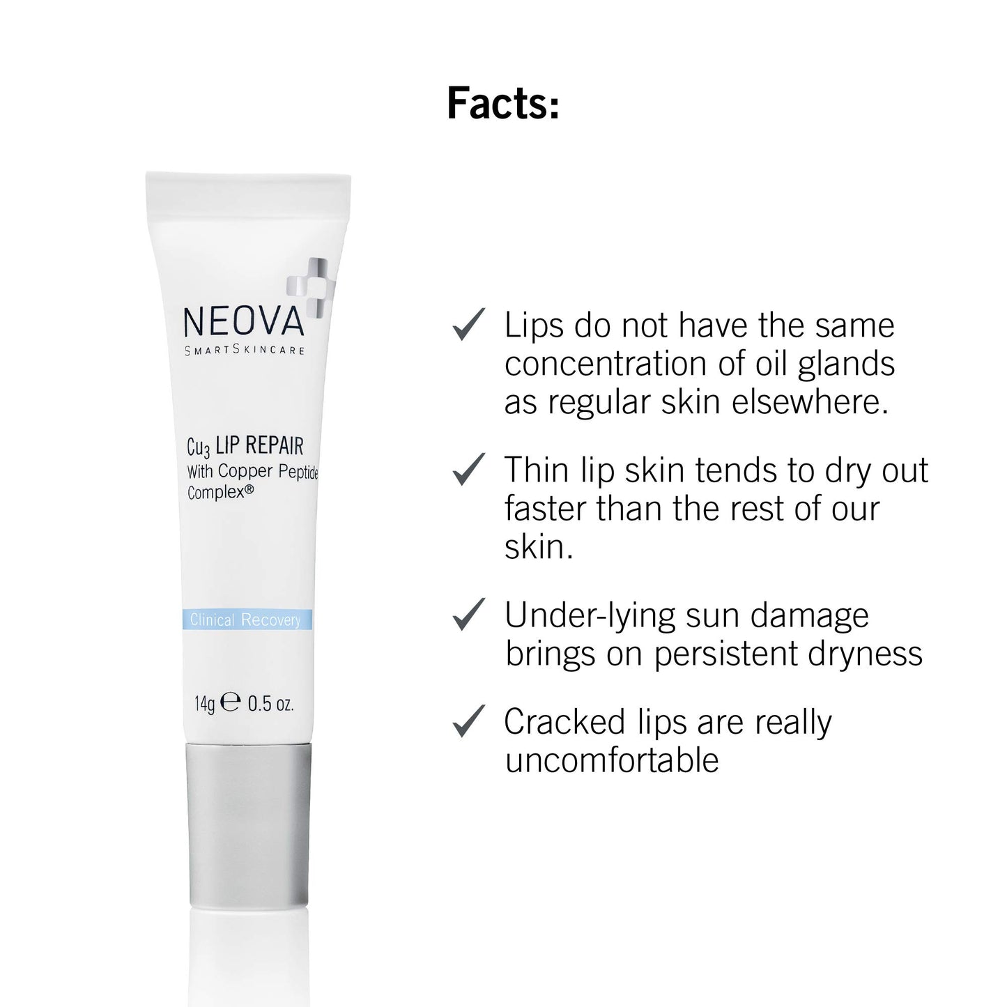 NEOVA SmartSkincare Cu3 Lip Repair, a moisture-sealing formula nourishes and protects lips during and after sun, cold and wind exposure.