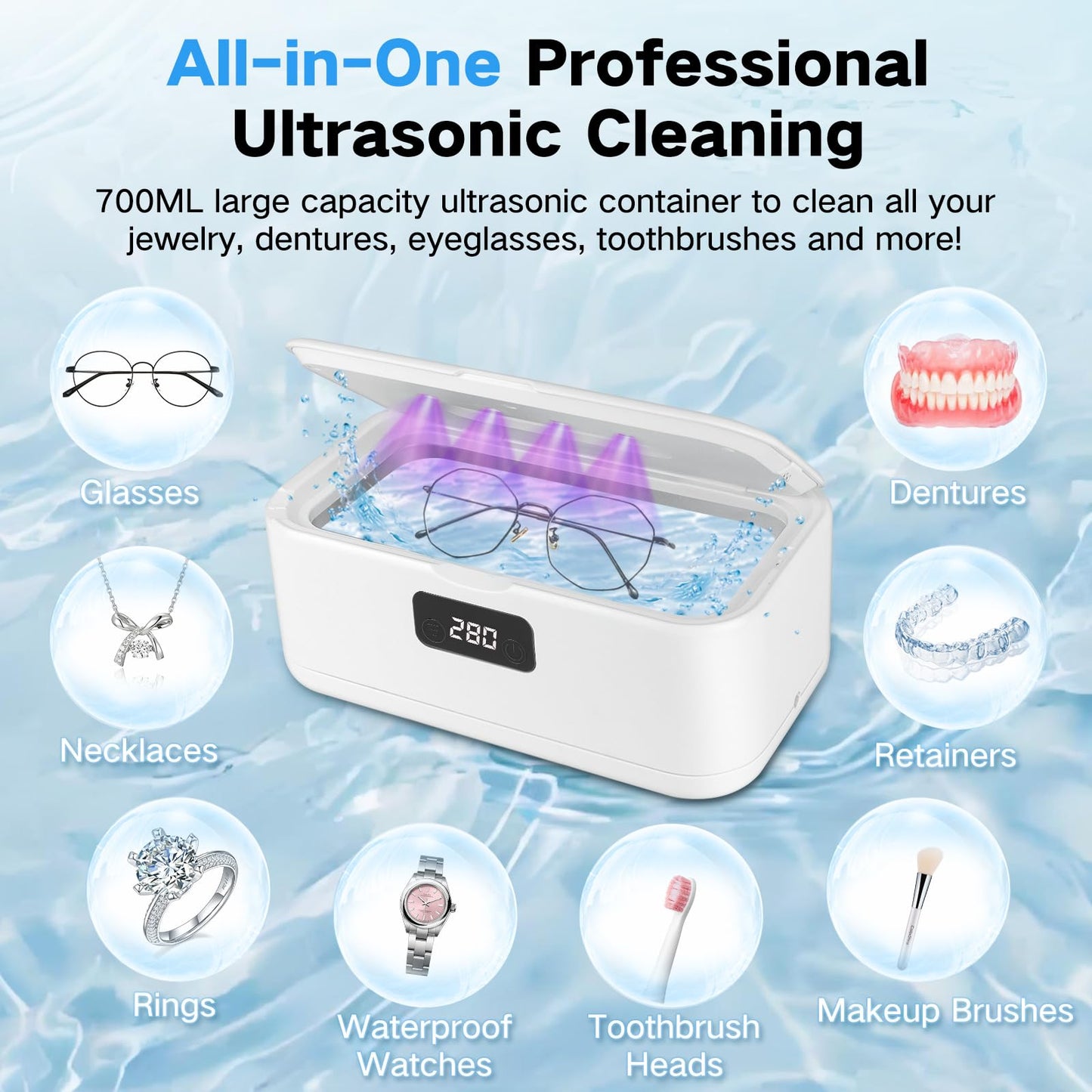 Ultrasonic Cleaner, Retainer Cleaner for Jewelry,Dentures,Braces,Eyeglasses,Mouth Guards,Ultrasonic Dentures Cleaner with 4UV-C,All-in-one Professional Ultrasonic Cleaner Machine