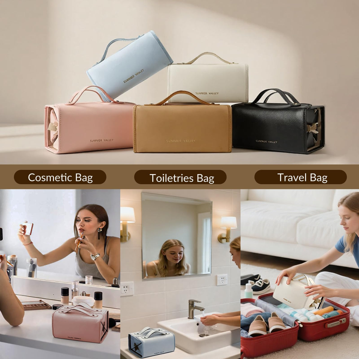 YDR Travel Makeup Bag for Women, 4-in-1 Roll Up Toiletry Bag with 4 Detachable Clear Pouches, PU Leather Makeup Organizer Case with Top Handle for Brushes, Skincare, Cosmetics and Travel