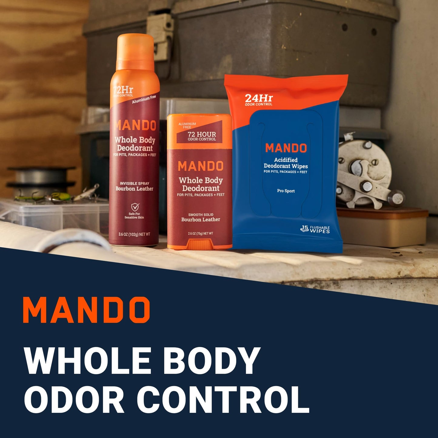 Mando Whole Body Three Piece System - 2.6oz Smooth Solid Stick, 3.6oz Deodorant Spray, 15ct Deodorant Wipes - Aluminum & Baking Soda Free Odor Control - Doctor Developed - 3pc Bundle (Bourbon Leather)