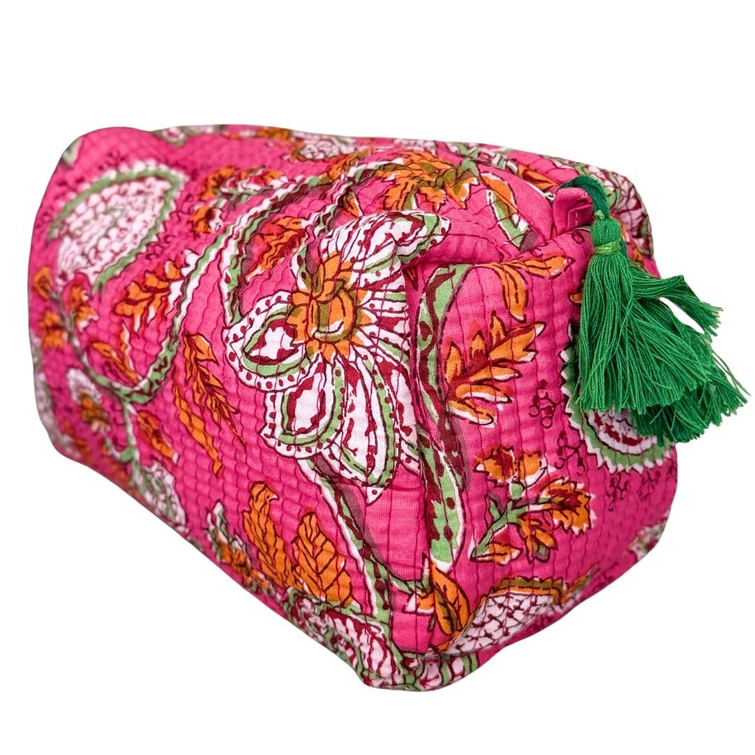 AAVIANA Block Print Designer Toiletry Bag & Makeup Case - Boho Floral Quilted Pouch for Cosmetics, Skincare - Waterproof Lined Organizer for Purse, Travel, Gift Medium (7x5x4 inches) Multi 1