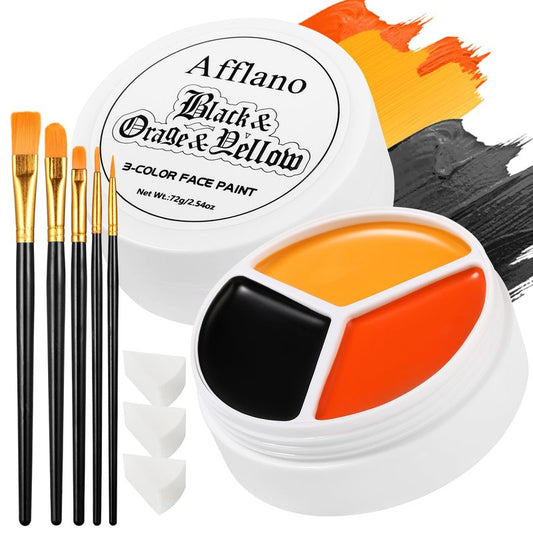 Black Yellow Orange Face Body Paint Kit, Pumpkin Halloween Makeup Cream Bodypaint with Brushes & Sponge Applicators , Facepaint Set for Scarecrow Clown Tiger Lion Fox Costume Cosplay SFX Looks