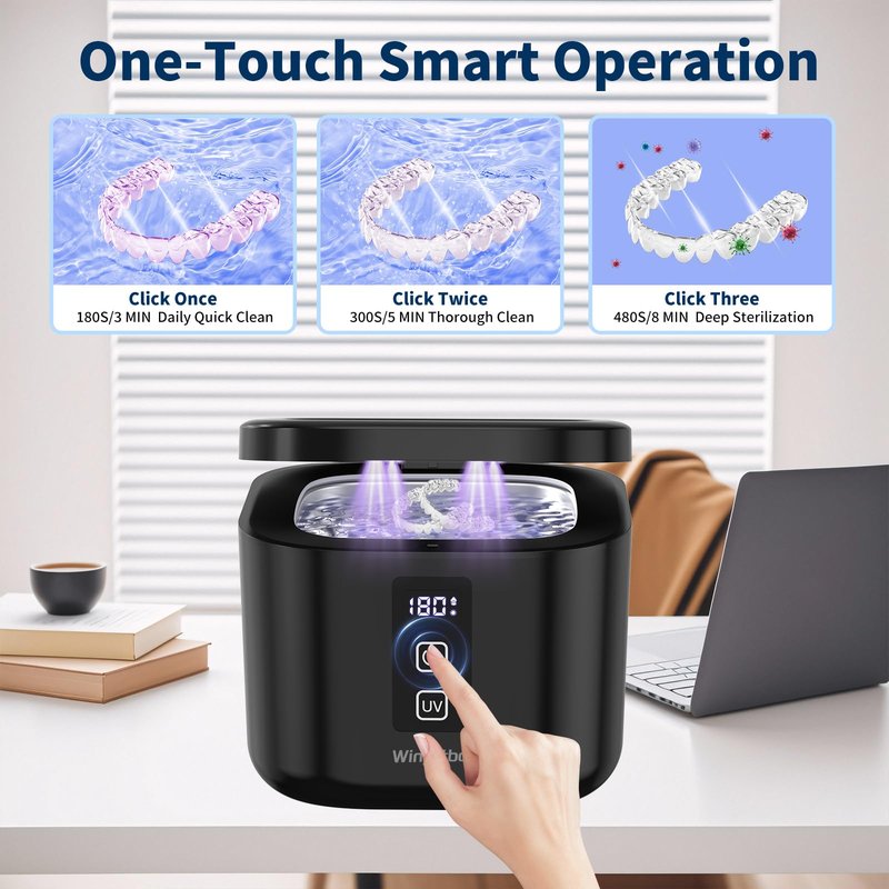 Ultrasonic Retainer Cleaner Machine, 48KHz Dental Cleaning Pod for Denture, Mouth Guard, Aligner, Night Guard, Braces, Toothbrush Heads, Jewelry with Digital Timer & 6 Modes, 13oz Capacity, White