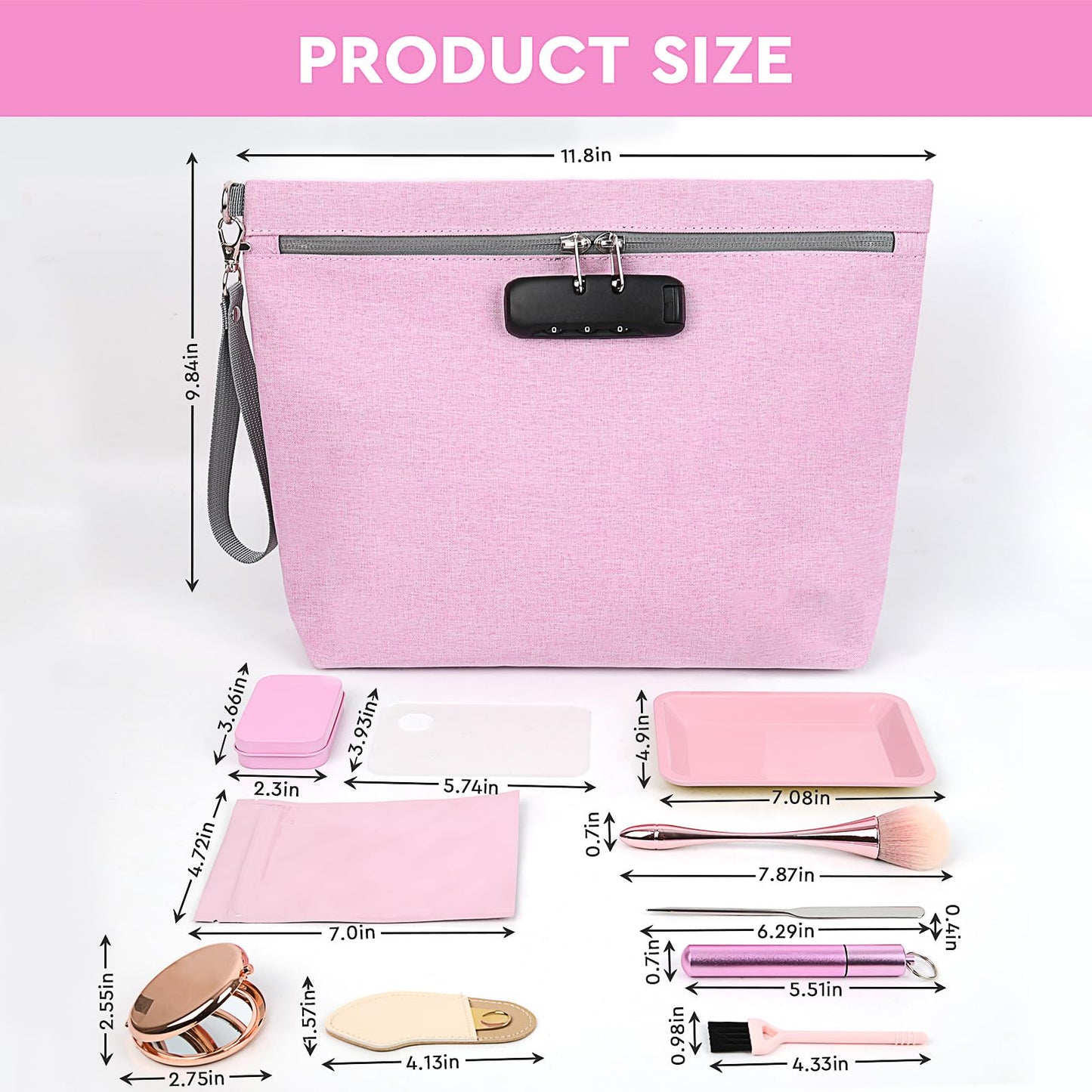 Pink Medium Travel Smell Proof Bag with 10 PCS Accessories, Portable Cosmetic Pouch with Combination Lock. Gift for Women.