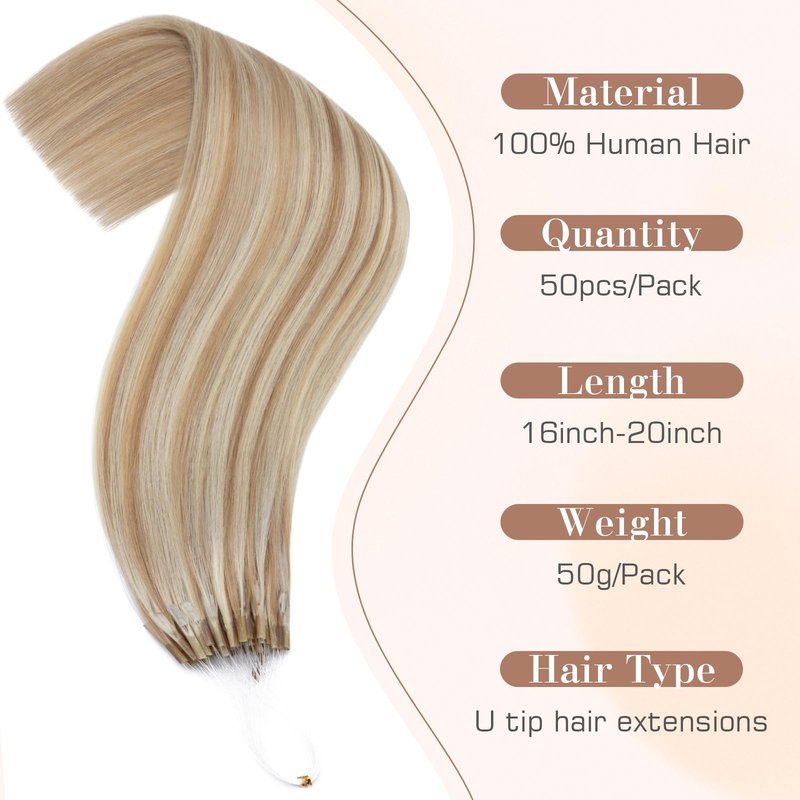 S-noilite Micro Link U Tip Hair Extensions Human Hair Golden Brown Highlight Bleach Blonde K Tips Hair Extensions Human Hair Keratin U Tip Hair Extensions Straight 16 Inch 50 Strands 50g