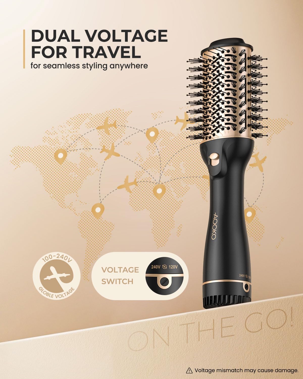 Dual Voltage Hair Dryer Brush - Fast Drying Hot Air Brush for Travel | 120-240V European Plug
