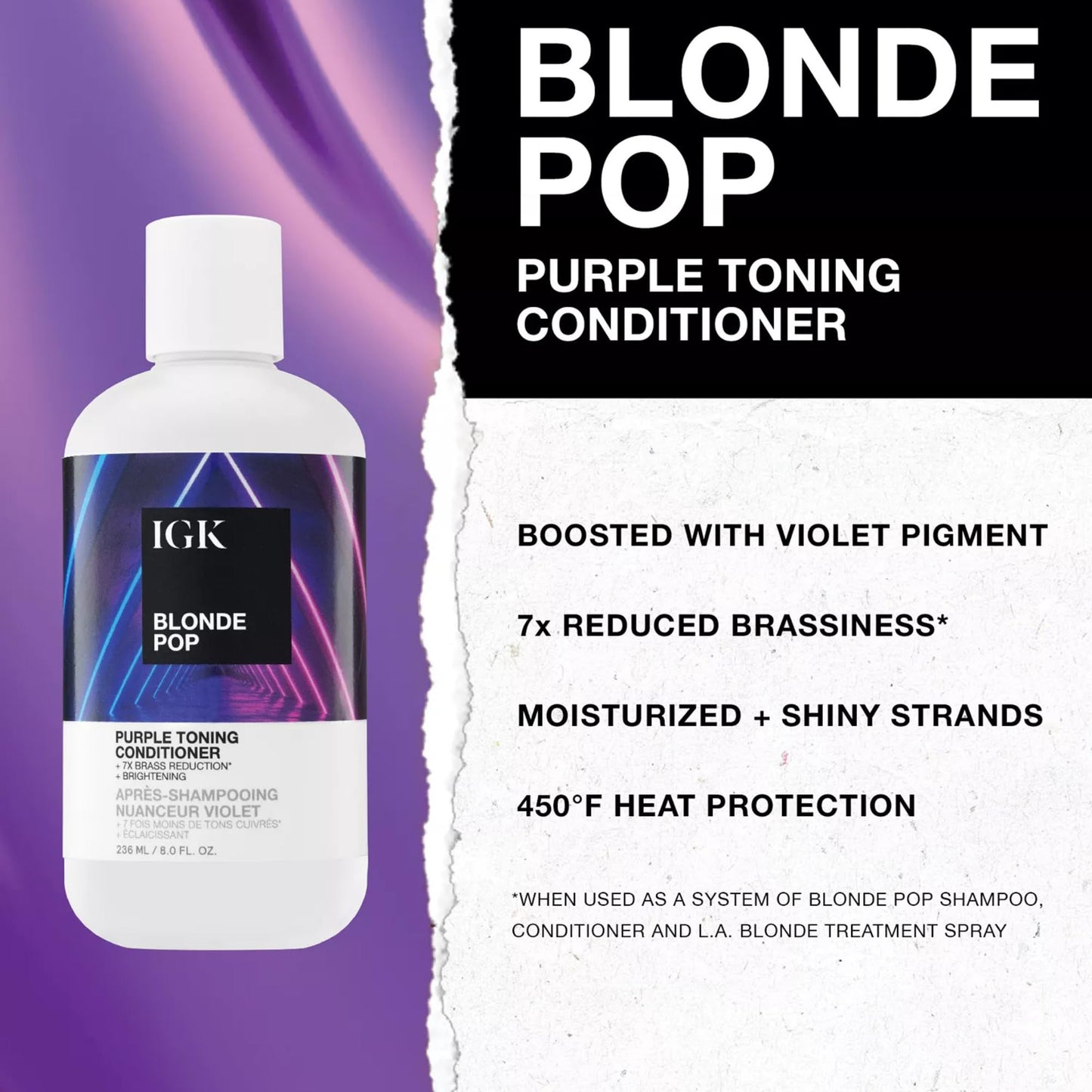IGK BLONDE POP Purple Toning Conditioner | Hydrates, Brightens + Neutralizes Brass for Blonde & Highlighted Hair | Vegan + Cruelty Free | 8oz