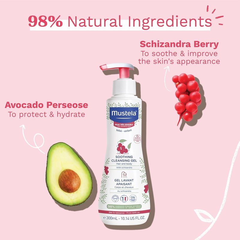 Mustela Baby Soothing Cleansing Gel - Fragrance-Free Hair & Body Wash for Sensitive Skin | 10.14 fl. oz.