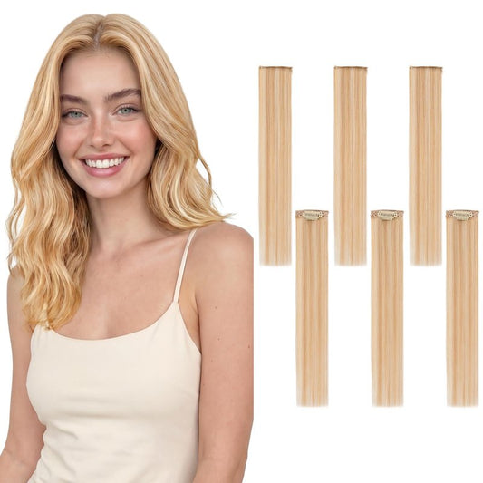TESSHAIR 6PCS Clip in Hair Extensions Real Human Hair Short Clip in Extensions for Women Short Straight Hairpieces to Add Volume and Highlights 12 Inch Ash Blonde & Bleach Blonde