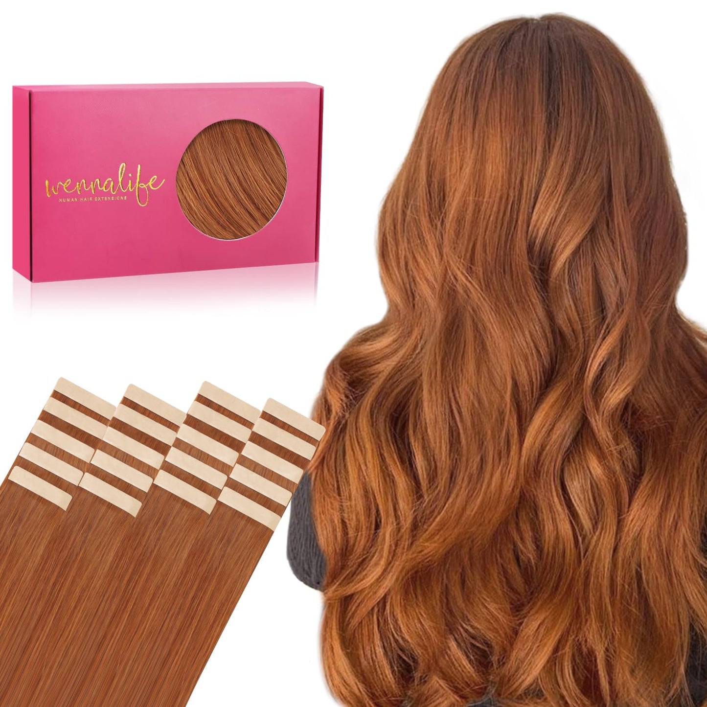 WENNALIFE Tape in Hair Extensions Human Hair, 20pcs 50g 22 inch Dirty Ginger Remy Hair Extensions Straight Human Hair Tape in Extensions Skin Weft Tape Extensions Human Hair