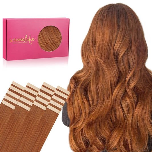 WENNALIFE Tape in Hair Extensions Human Hair, 20pcs 50g 22 inch Dirty Ginger Remy Hair Extensions Straight Human Hair Tape in Extensions Skin Weft Tape Extensions Human Hair