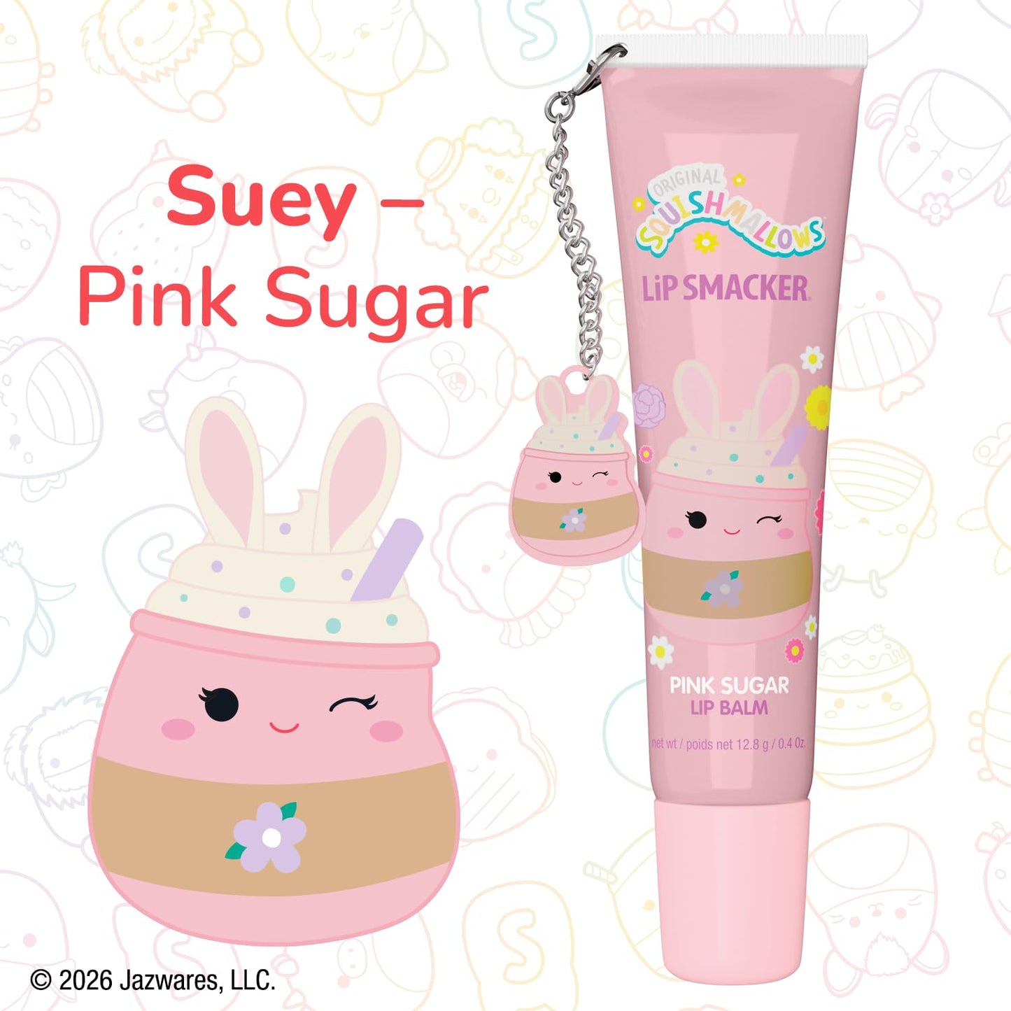 Lip Smacker Squishmallows Lip Balm, Pink Sugar (Suey), Limited Edition Easter Basket Stuffer, Flavored & Scented Lip Balm with Charm, Collectible Spring Gift