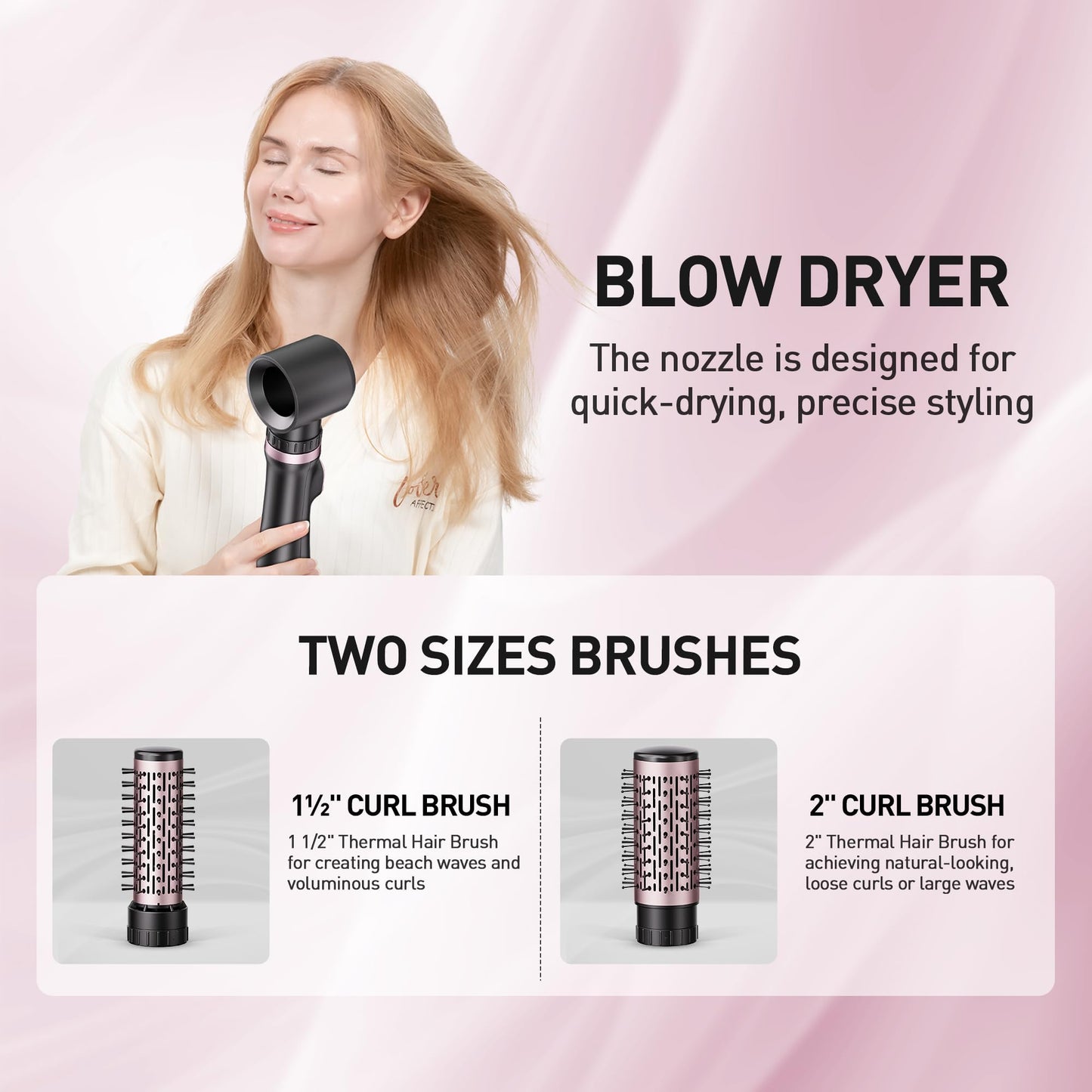 Blow Dryer Brush, 3-in-1 Rotating Hair Dryer Brush with 3 Heads for Drying Styling Volumizing Curling Sleeking in One Step for Long Hair, 3 Temperatures, Negative Ionen, Ceramic Coating, 360° Rotating