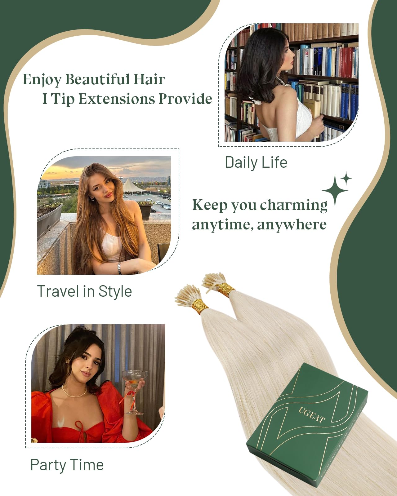 Ugeat I Tip Human Hair Extensions, Platinum Blonde, Remy Human Hair Extensions I Tip, Cold Fusion Pre Bonded Hair Extension for Women, 18 Inch 40G 50S