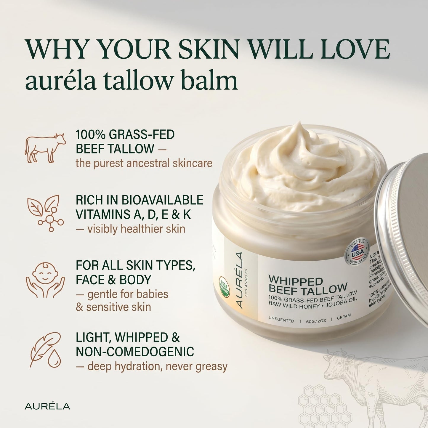 Auréla Organic Beef Tallow With Honey & Jojoba Oil - 100% Grass-Fed Whipped Beef Tallow For Face & Body - Natural & Deeply Nourishing Formula | For Dry & Sensitive Skin - Unscented | 2oz