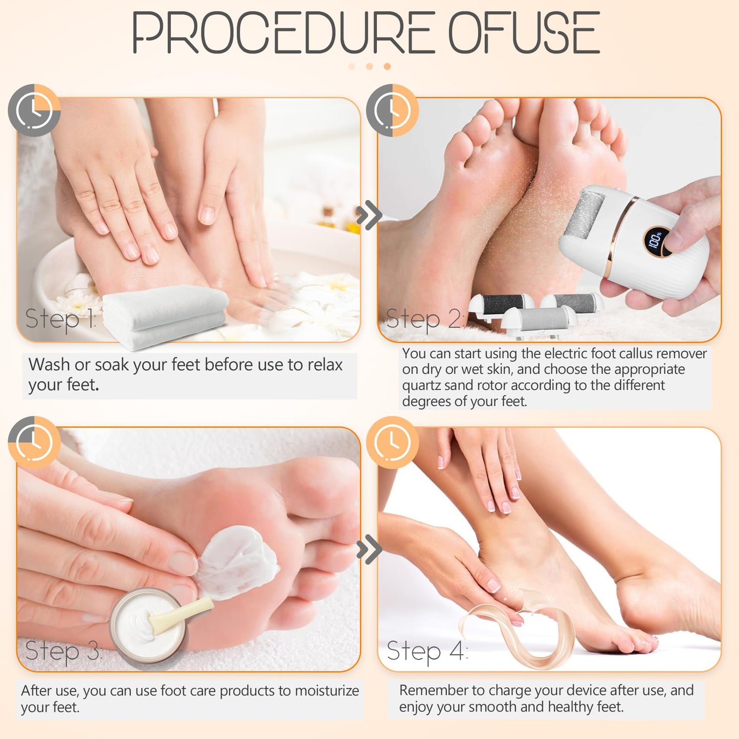 Beefire Electric Foot File and Callus Remover, Rechargeable Pedicure Device with Multiple Heads for Dry Rough Feet Care, Home Use Foot Grinder Tool