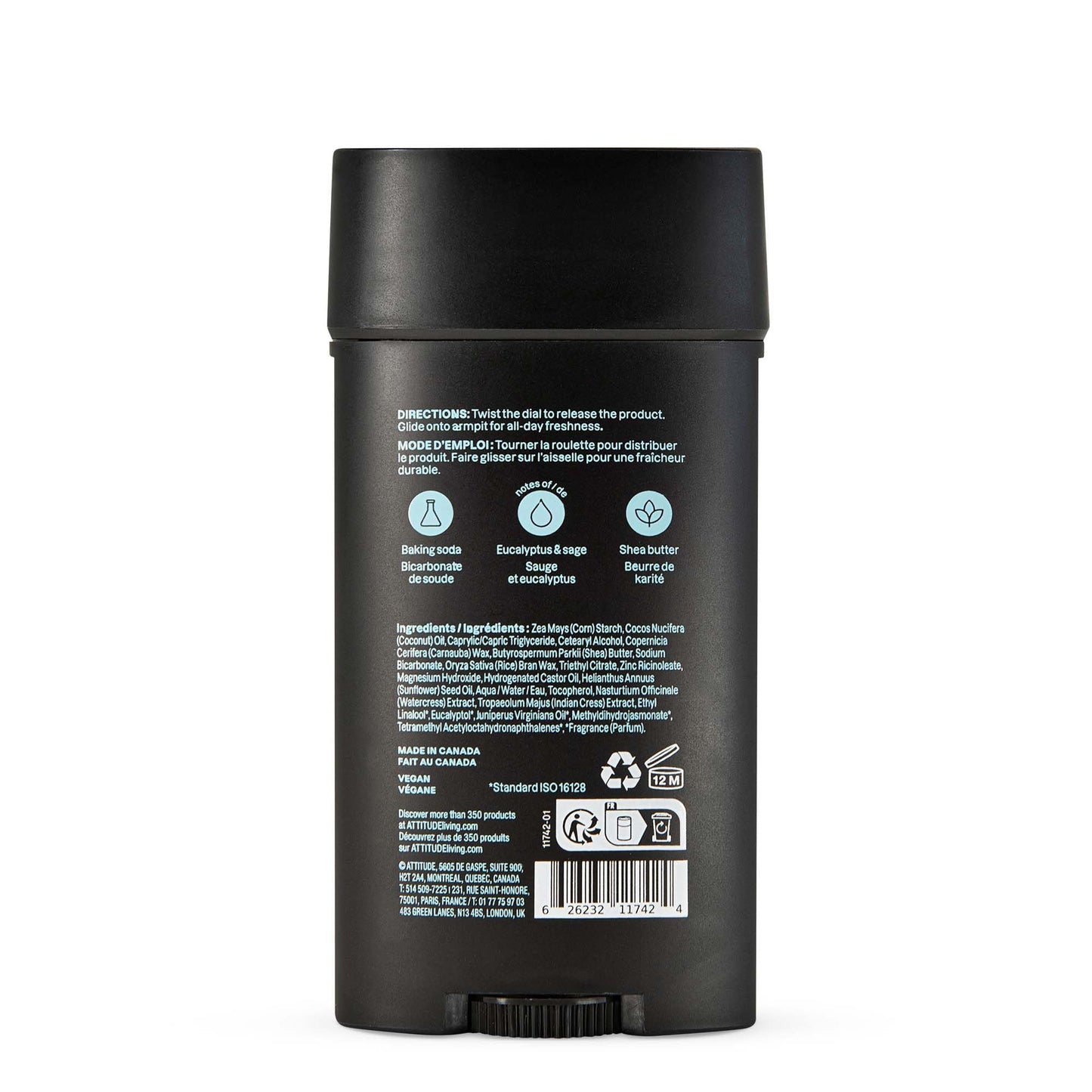ATTITUDE Aluminum-Free Deodorant for Men, 95% Natural Origin Ingredients, EWG Verified, Plant Based Odor Control, With Baking Soda, Eucalyptus & Sage, 2.64 Oz