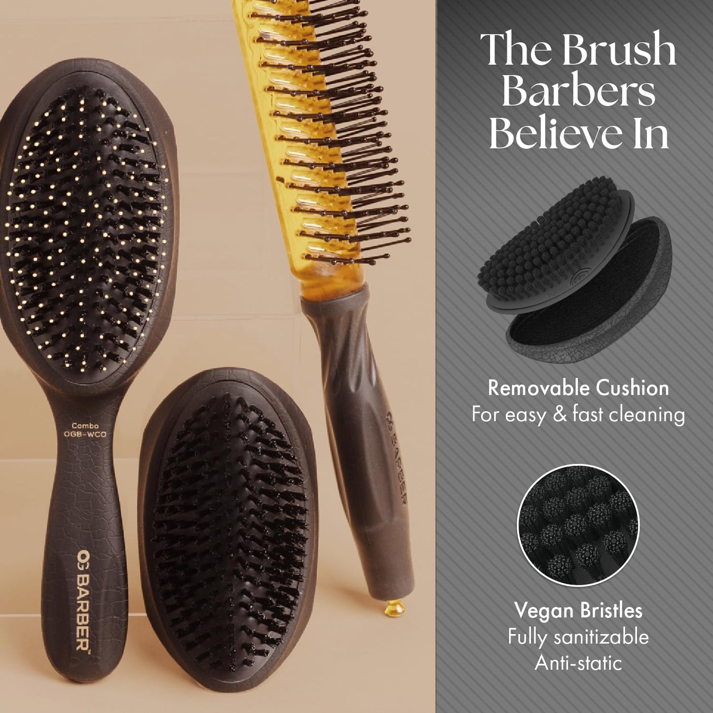 Olivia Garden Barber Palm Wave Brush, Black Cushion with Vegan Boar Bristles, Recycled ABS in Black Crackle Soft-Touch Finish