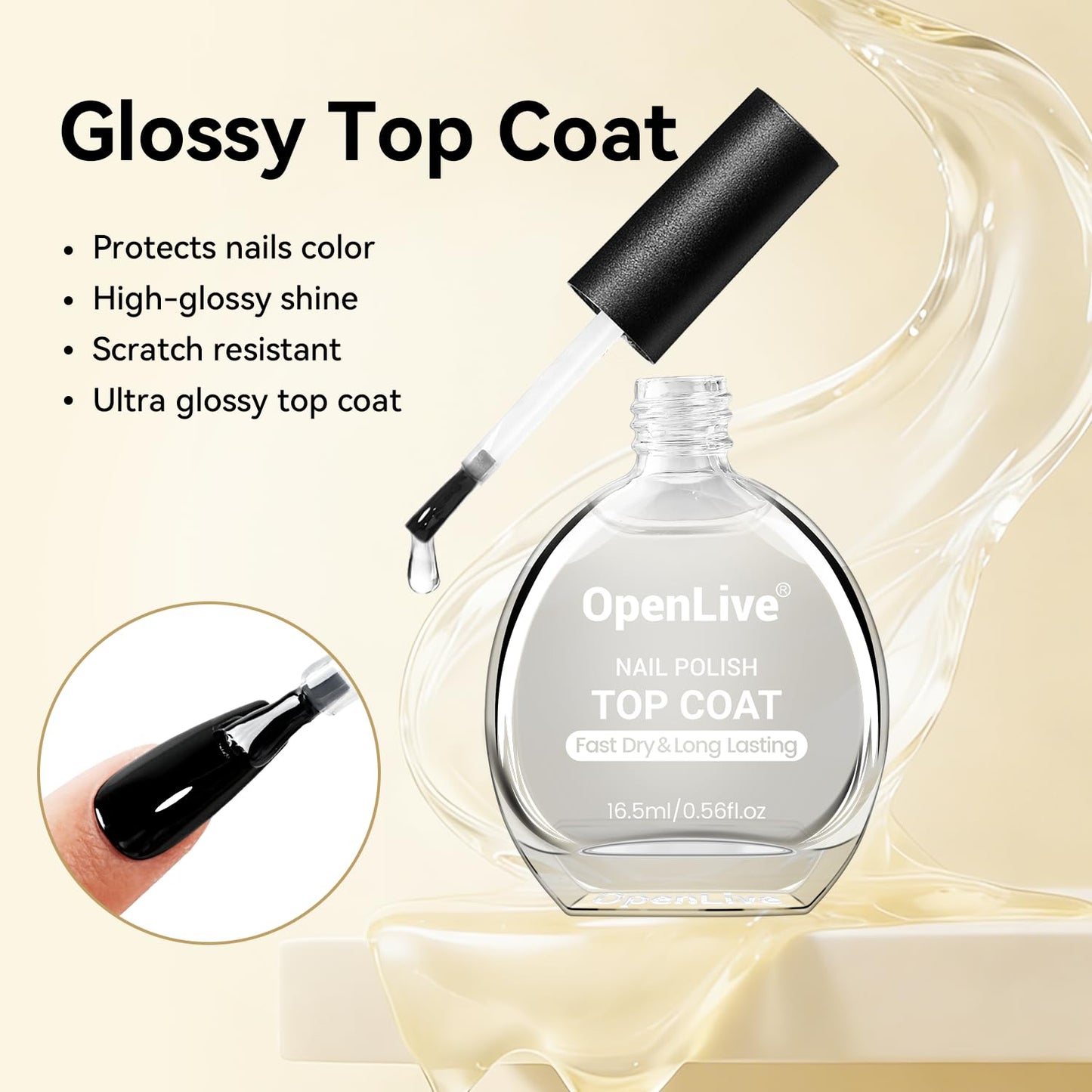 OpenLive 16.5ml Top Coat Clear Nail Polish, Quick Dry Nail Polish High Shine Long Lasting Glossy Fast Air Dry Top Coat for Nail Art Manicure Salon Quality | Clear, Glossy, Nail Art, Manicure