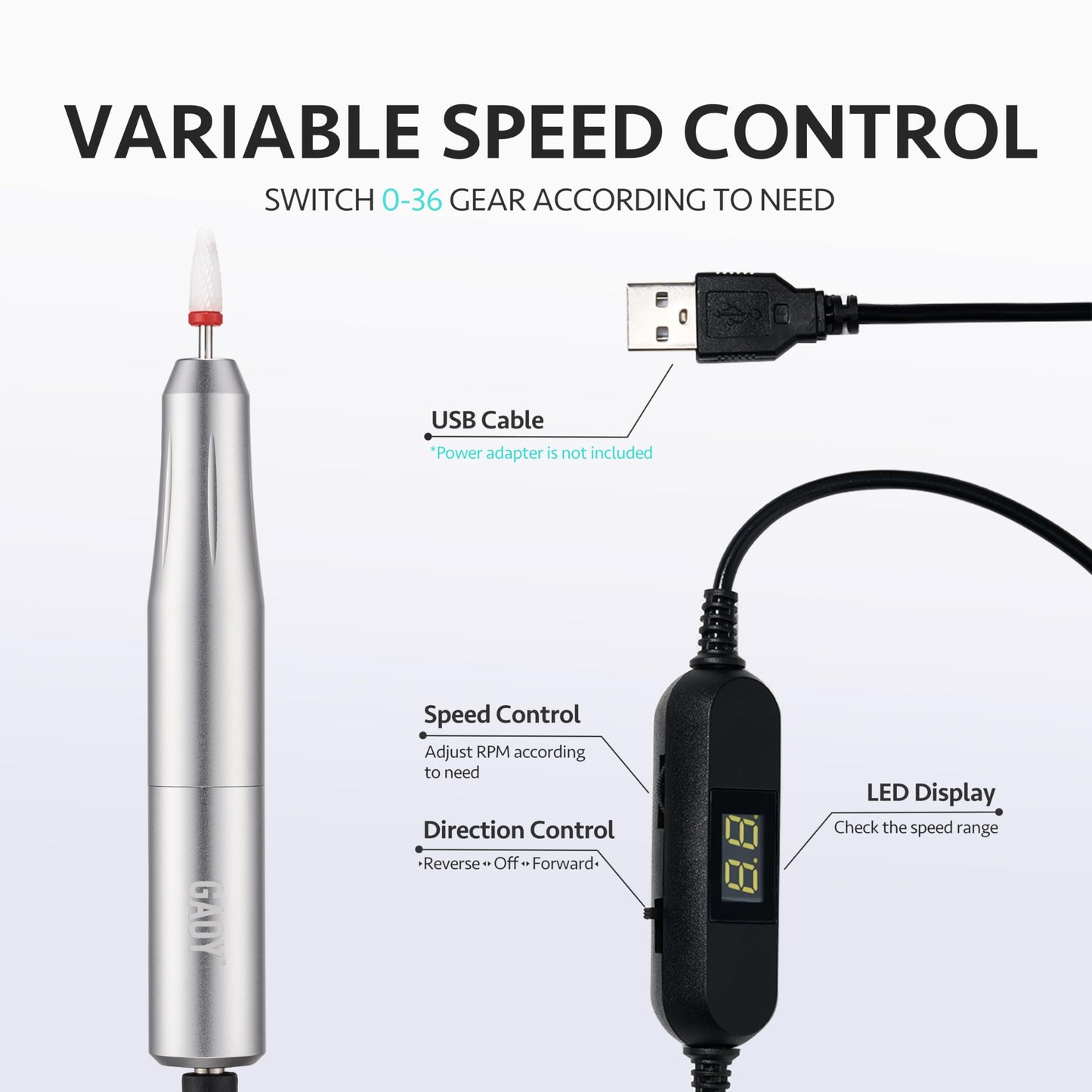 GAOY Electric Nail Drill, USB Electric Nail File for Acrylic and Gel, Portable Efile with Drill Bits, Manicure Pedicure Tools for Home Salon, Silver, Aluminum Lightweight