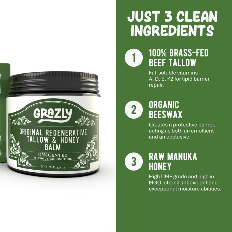 Grazly Original Beef Tallow & Manuka Honey Balm | 100% Grass‑Fed & Finished Beef Tallow, Raw Manuka Honey, Beeswax | Deeply Moisturizing & Repairing Skincare Balm | 3 oz Jar