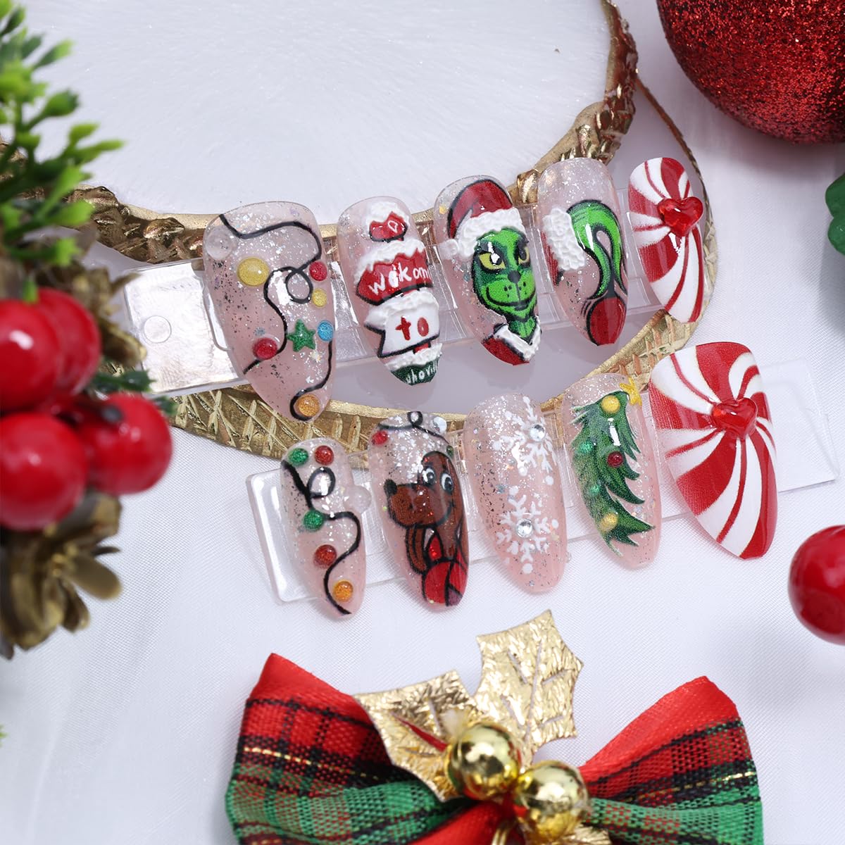 30Pcs Christmas Press on Nails Medium Almond Fake Nails with Colorful Rhinestones Light Strip Xmas Tree Cartoon Design Cute Holiday Stick on Nails 3D Handmade Christmas False Nails for Women Grils DIY