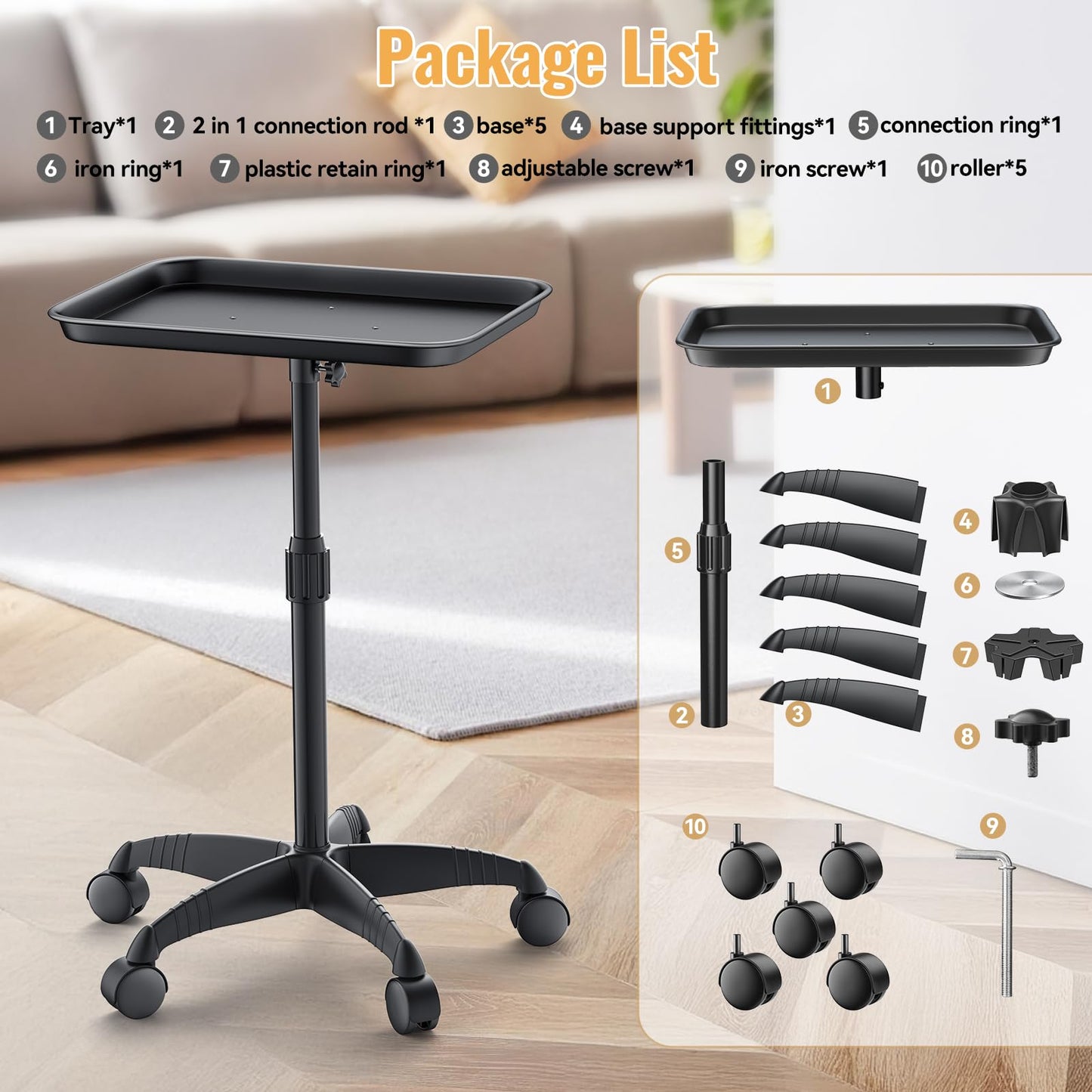 HYTOBP Salon Tray on Wheels Premium Aluminum Tattoo Tray Rolling Trolley Adjustable Height Storage Utility Cart for Clinic Spa and Barber(34inch)
