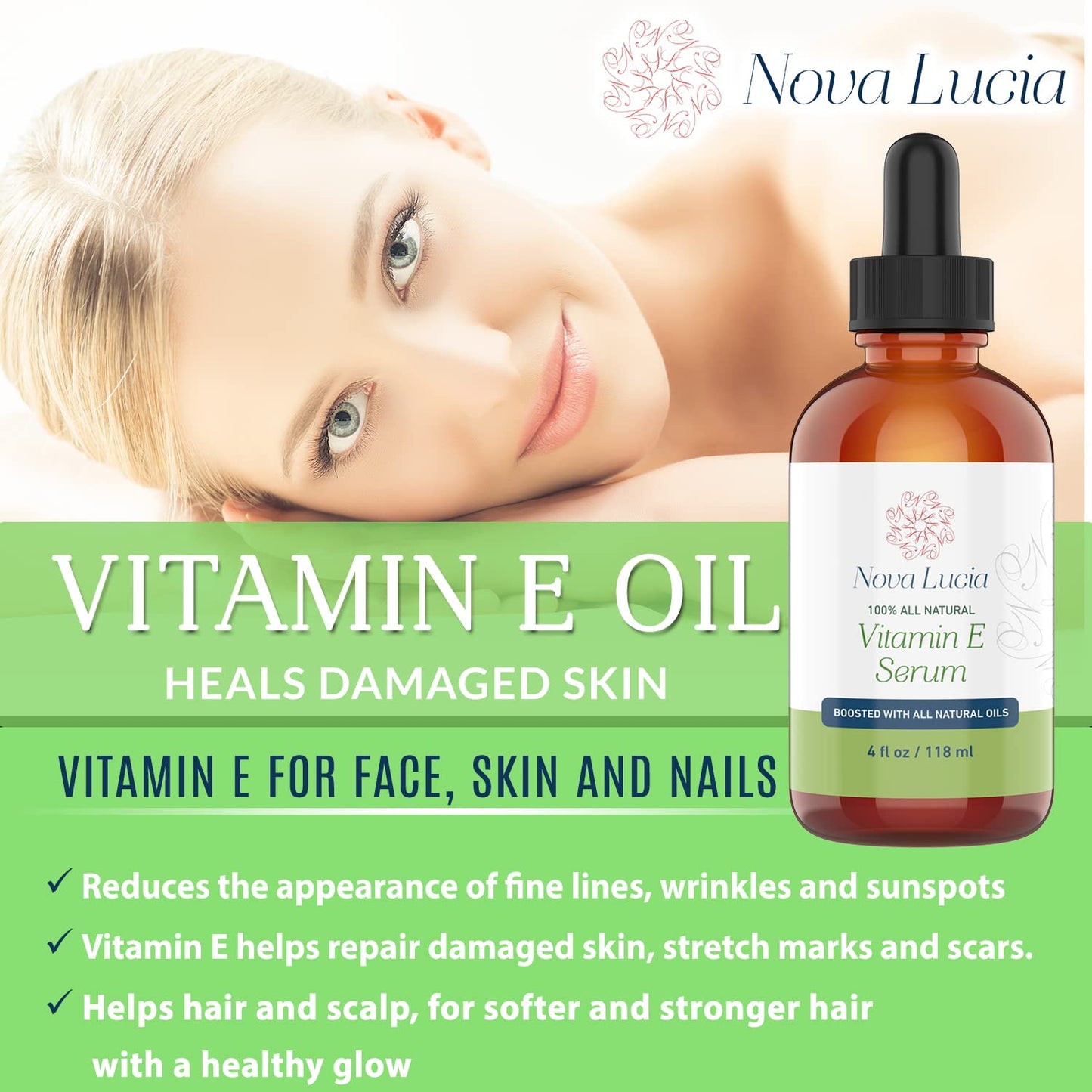 Nova Lucia Organic Vitamin E Oil – Pure Vitamin E for Skin, Face & Hair | Scar & Stretch Mark Treatment, Natural Moisturizer for Soft, Smooth, Hydrated Skin – 4 oz